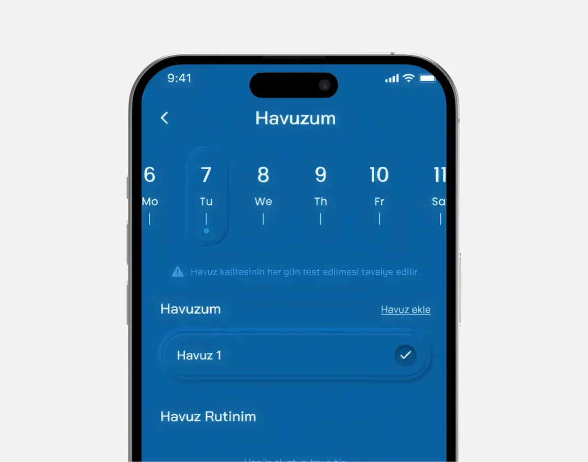 Havuzum Quardex main app screen on iPhone showing the pool management app with Quardex primary interface and user flow