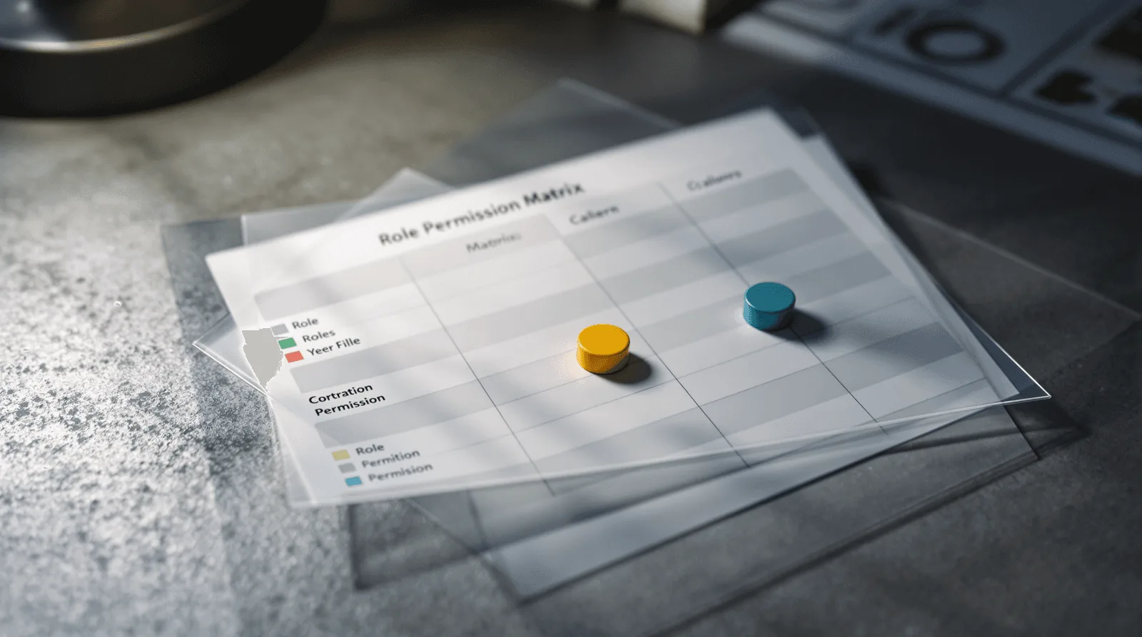 Printed role permission matrix with two coloured markers placed on the grid
