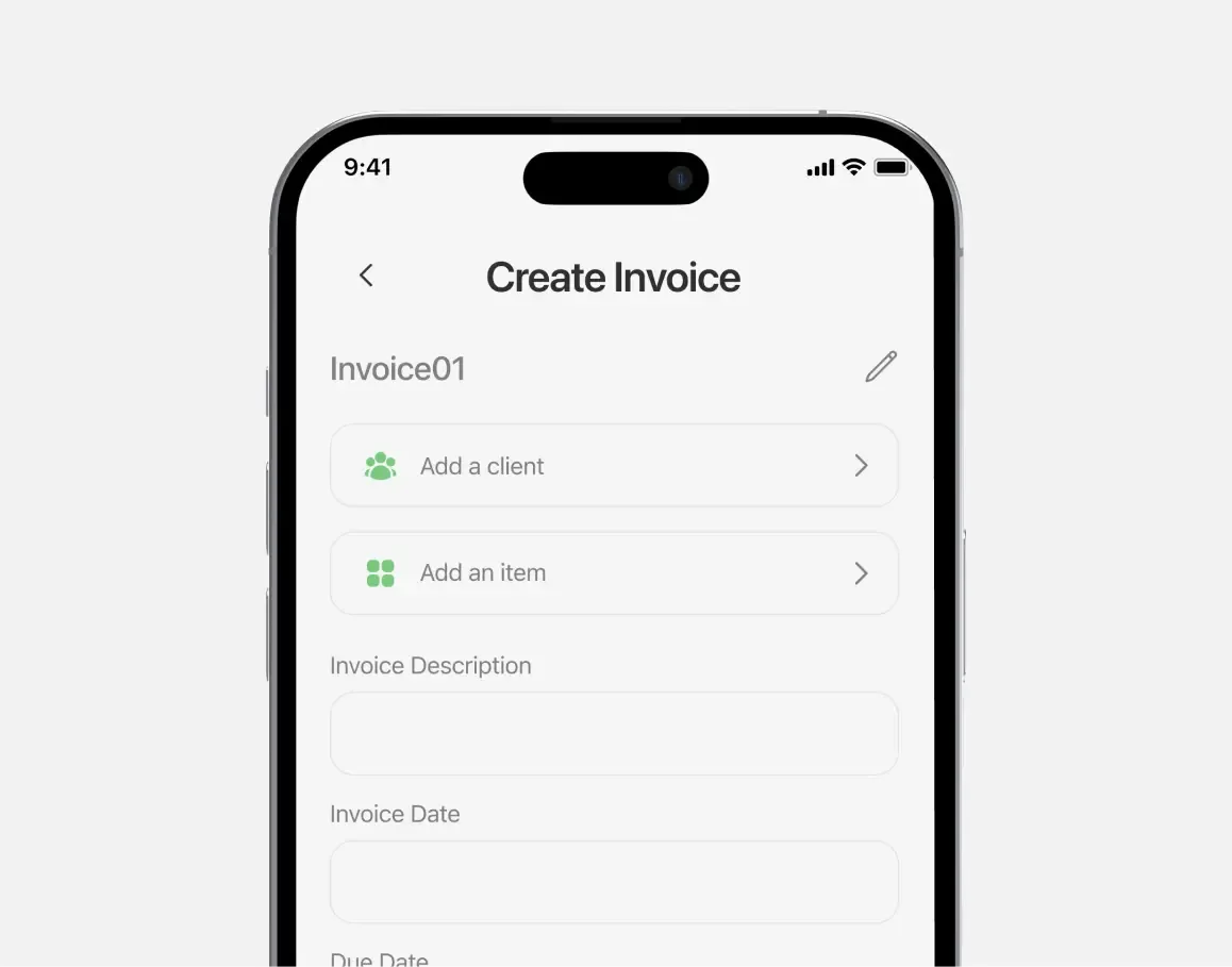 Invoice Maker main app screen on iPhone showing the app for creating and managing primary interface and user flow