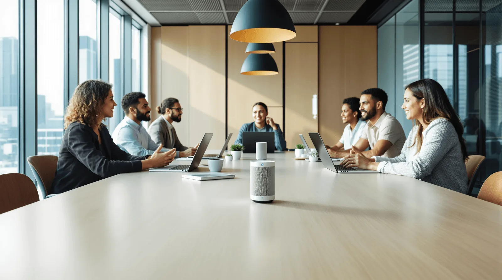 Corporate meeting room with microphone array capturing live conversation