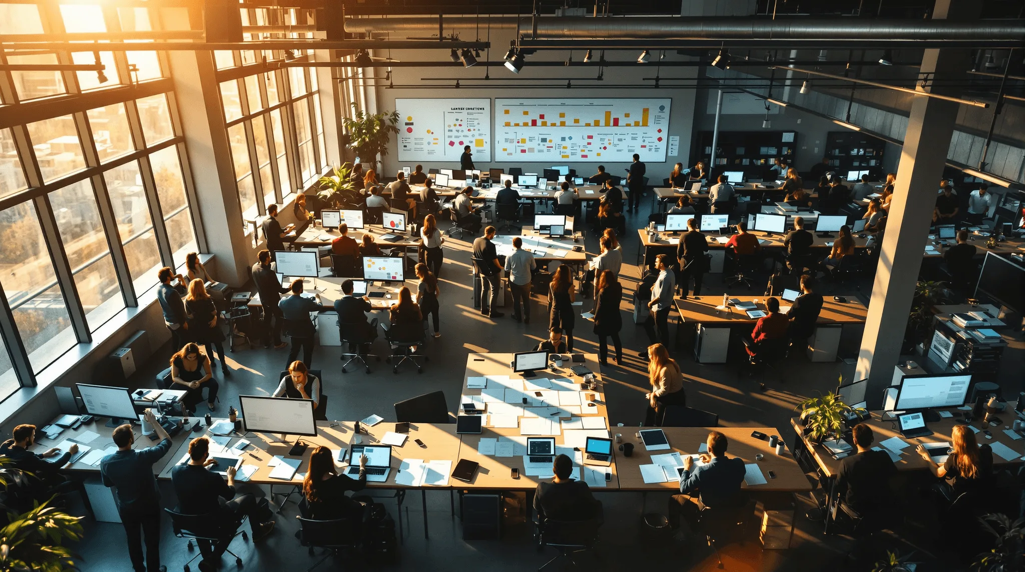 Cross-functional SaaS team gathered around roadmap boards in open office