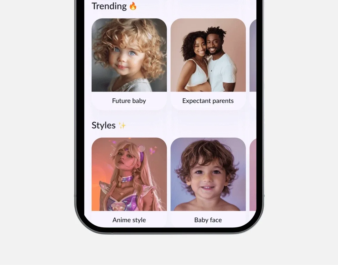 Baby Face detail or secondary feature screen displaying key AI family functionality of the mobile app developed by Neon Apps