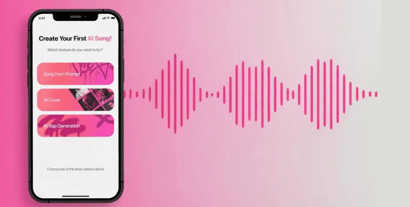 AI song app onboarding offering three feature options beside a pink waveform