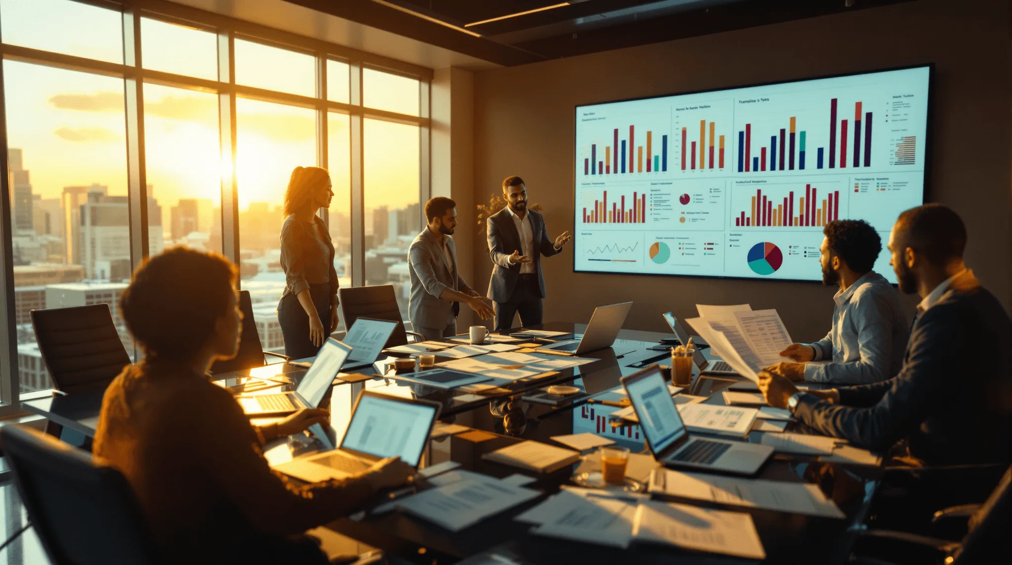 Enterprise team reviewing AI investment metrics in boardroom session Analyst annotating AI performance metrics on printed dashboard sheets