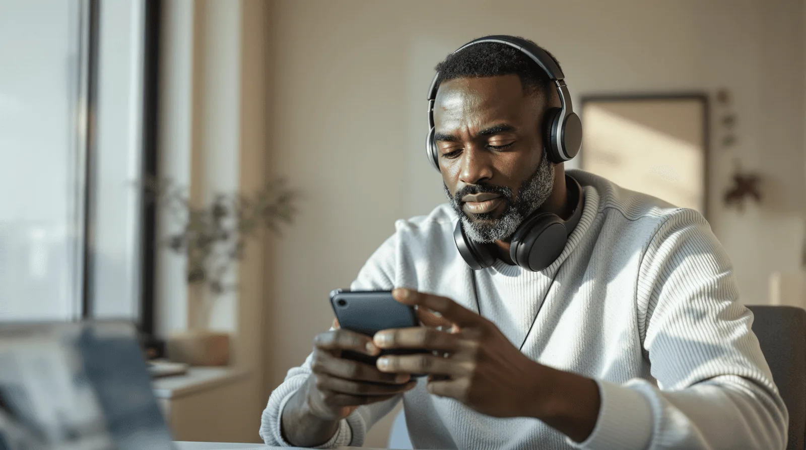 Man wearing headphones reviewing something on a phone at a sunlit desk