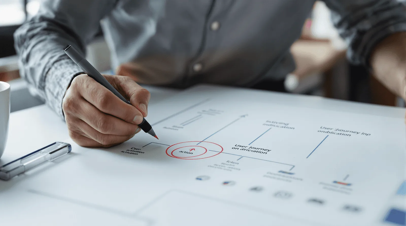 Product manager circling activation step on printed onboarding journey map
