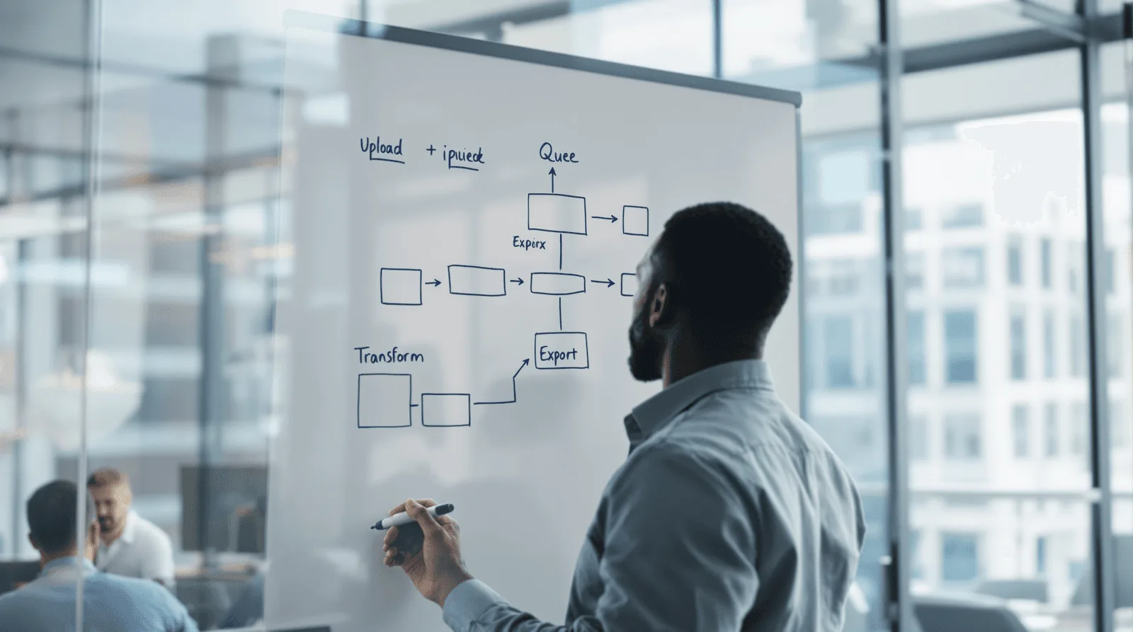 Engineer sketching generative app pipeline diagram on whiteboard