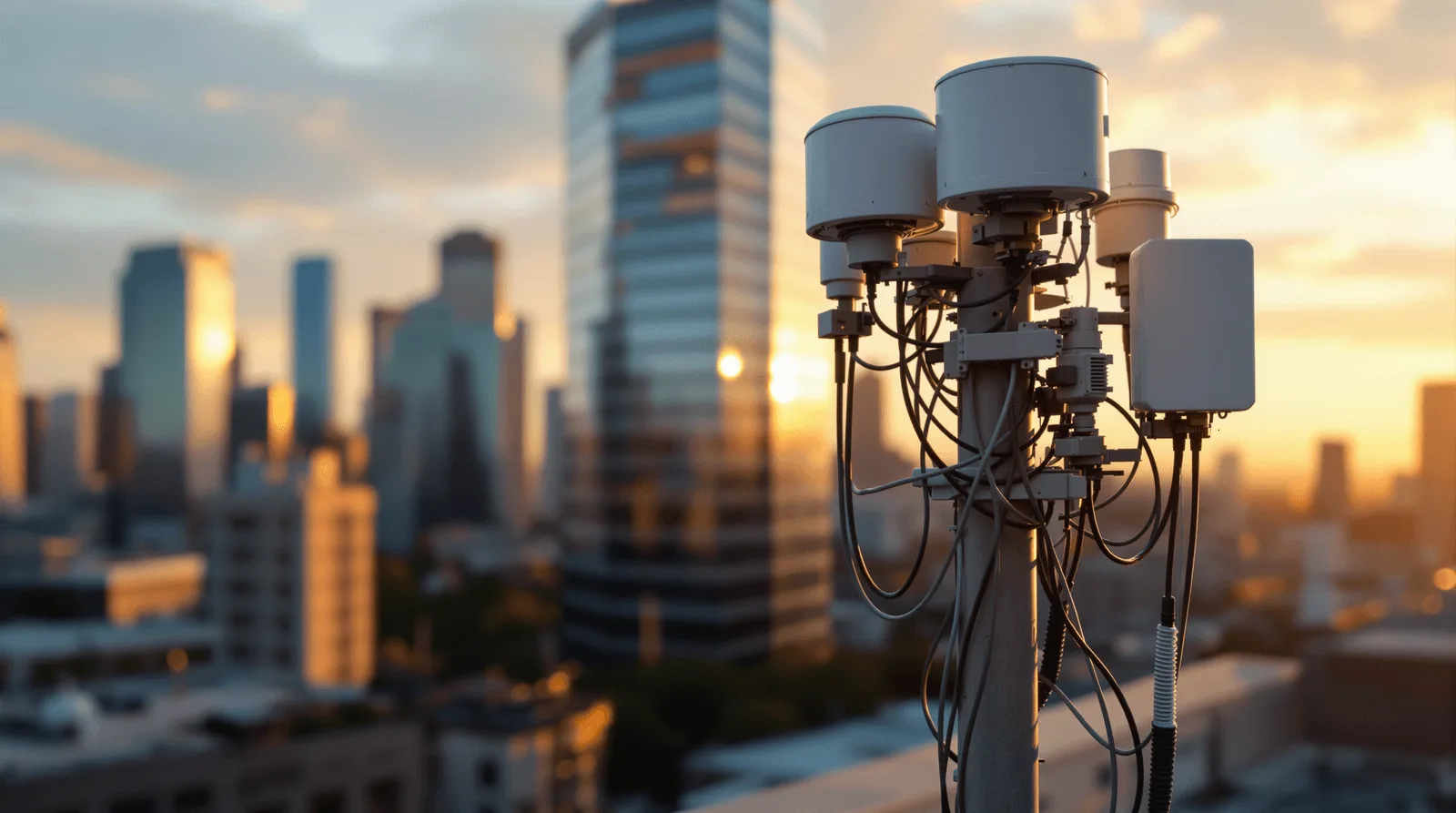 Environmental IoT sensors on rooftop pole against a warm golden hour city skyline Hedef Uzunluk