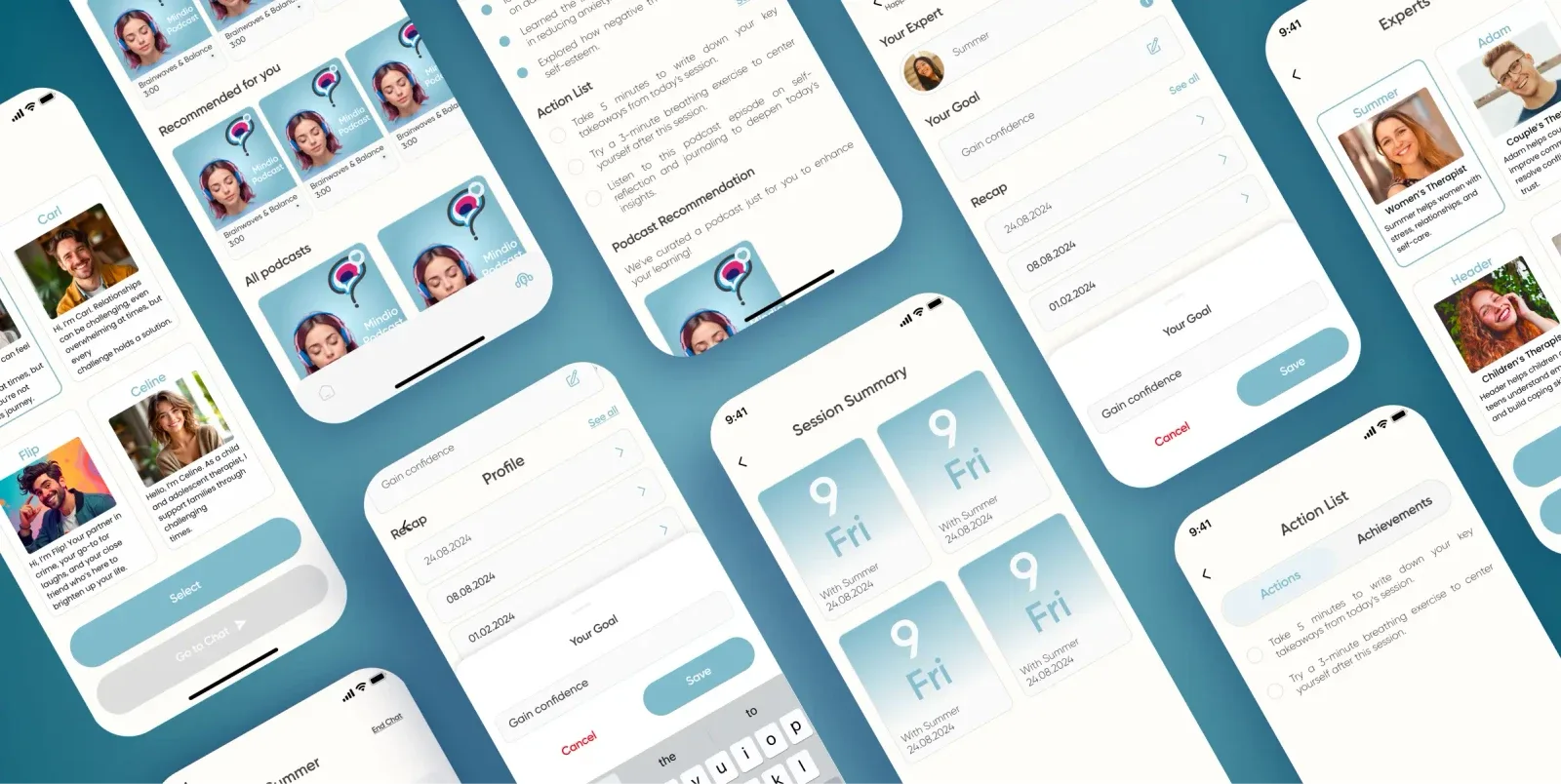 Mindio multiple mobile screens overview showcasing the complete mental wellness app experience built by Neon Apps development team