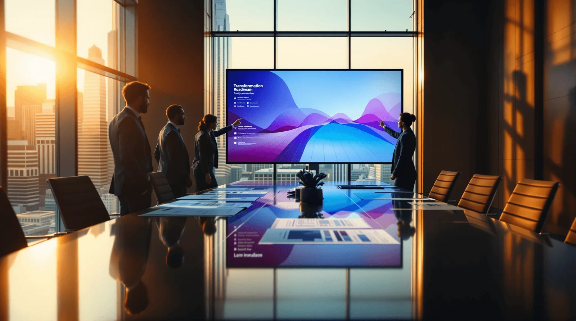 Enterprise executives reviewing digital transformation roadmap in glass boardroom