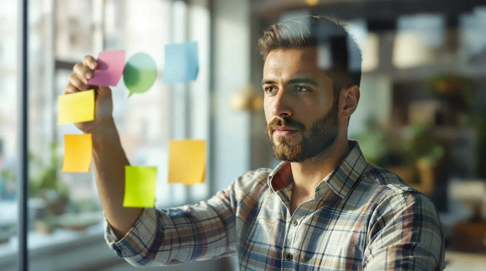 Sticky notes grouped on a glass wall while a team maps app feature scope