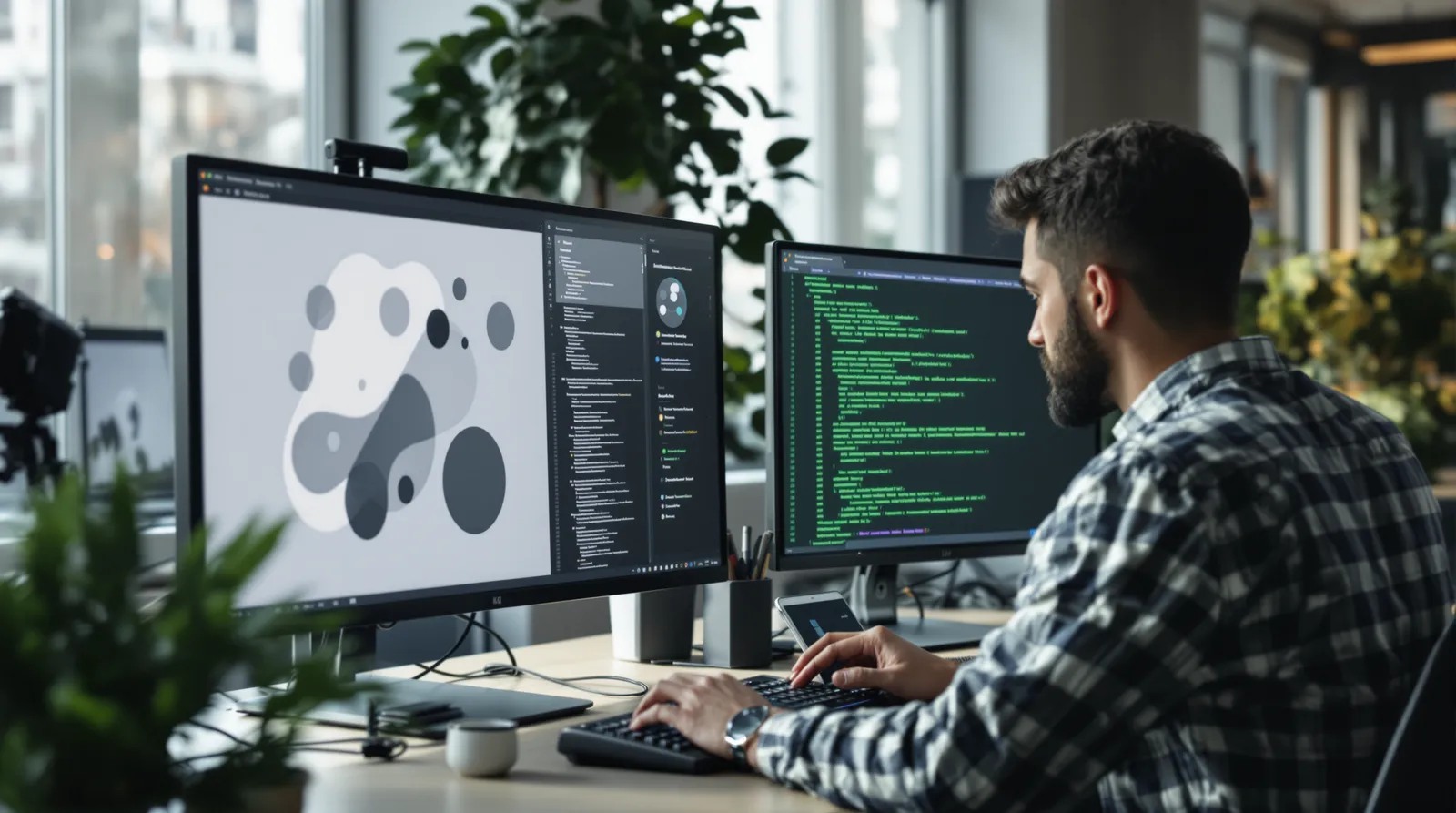 Developer working across two monitors, a design tool on one and code on the other