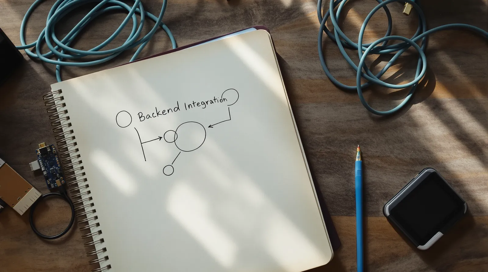 Notebook with a hand-drawn backend integration diagram beside coiled cables