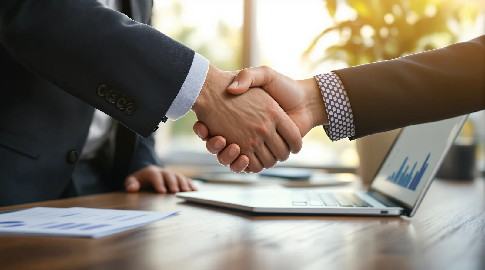 Handshake over a desk with printed charts and a laptop showing a bar chart