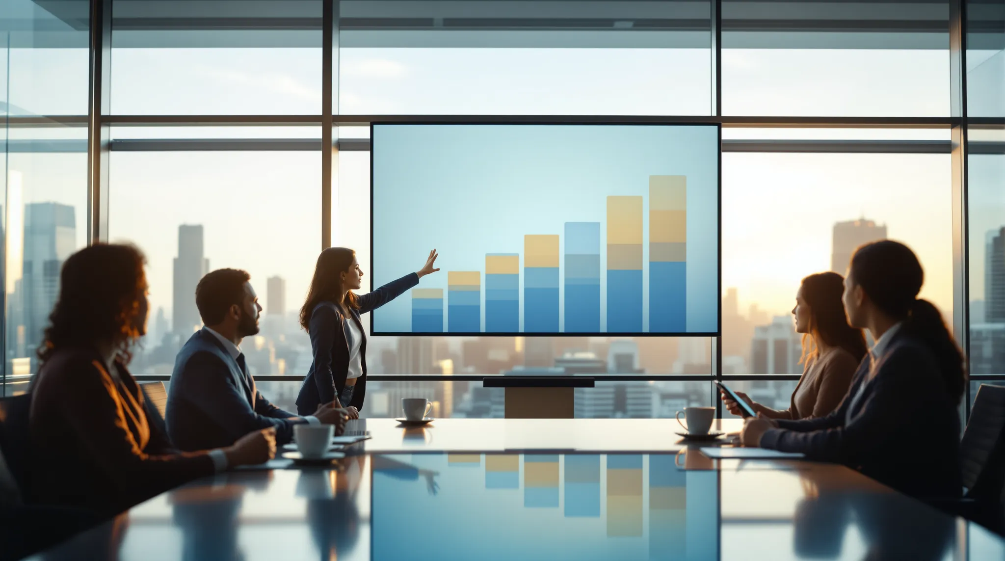 Presenter pointing at a stacked bar chart of app cost tiers on a boardroom screen