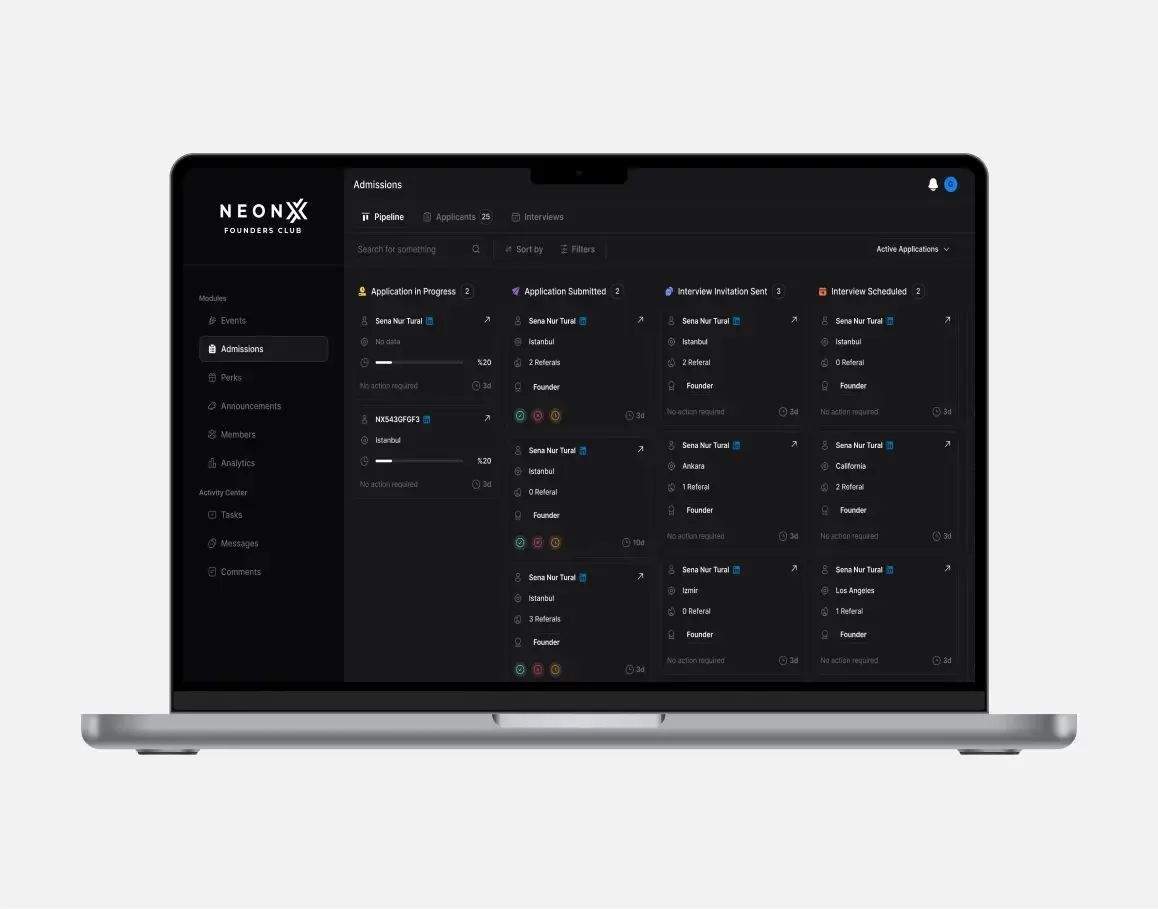 Founders Club detail or secondary feature screen displaying key startup community functionality of the mobile app developed by Neon Apps