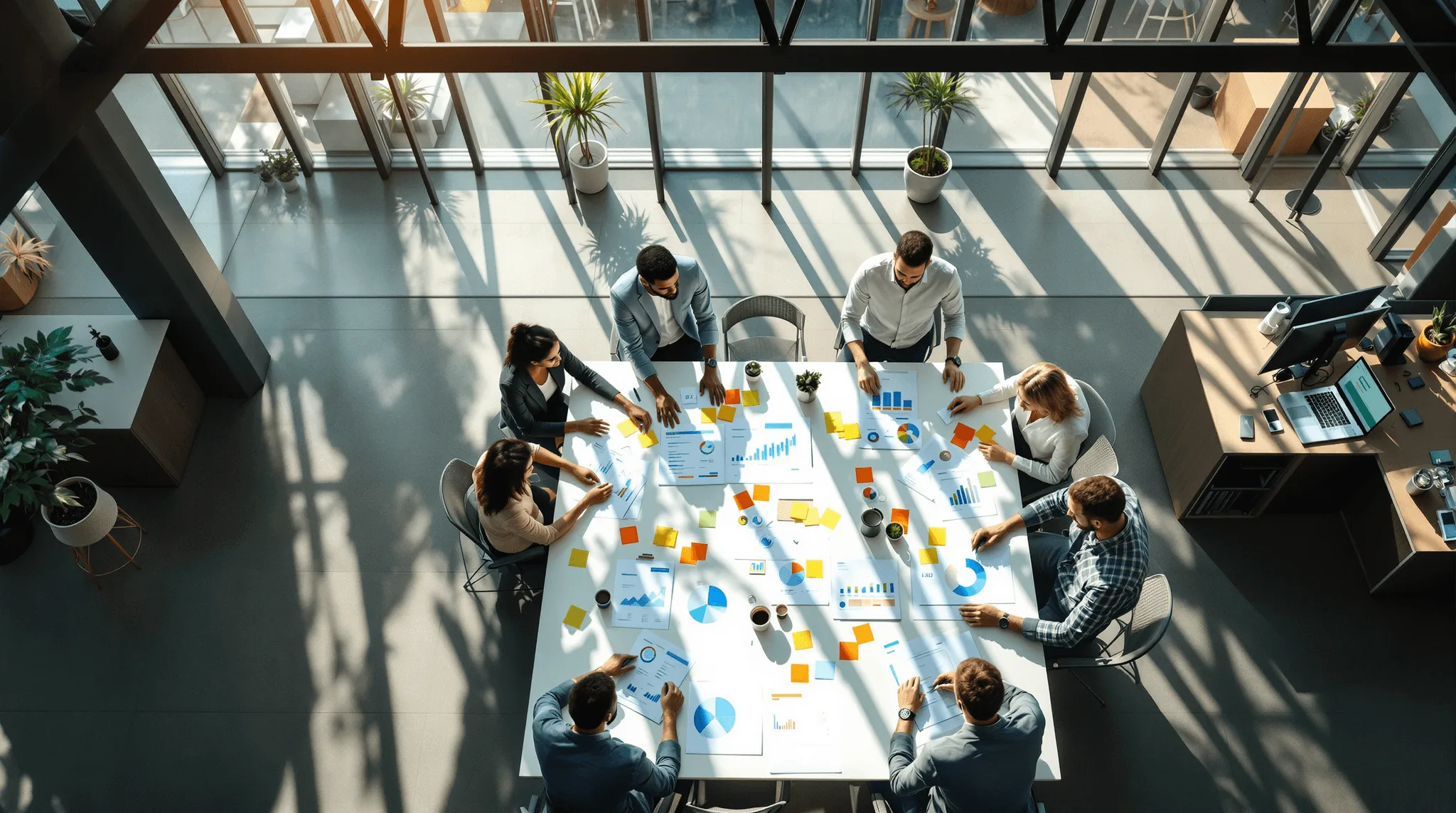 Business team collaborating on data analysis and strategy planning during a meeting in a modern office.