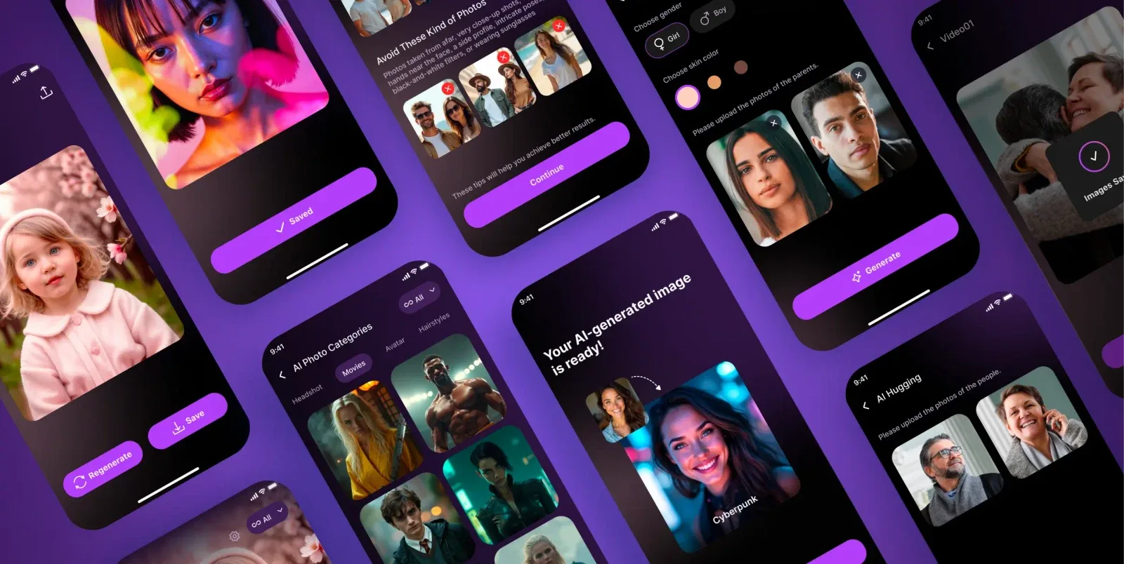 Milena multiple mobile screens overview showcasing the complete AI video editing app experience built by Neon Apps development team