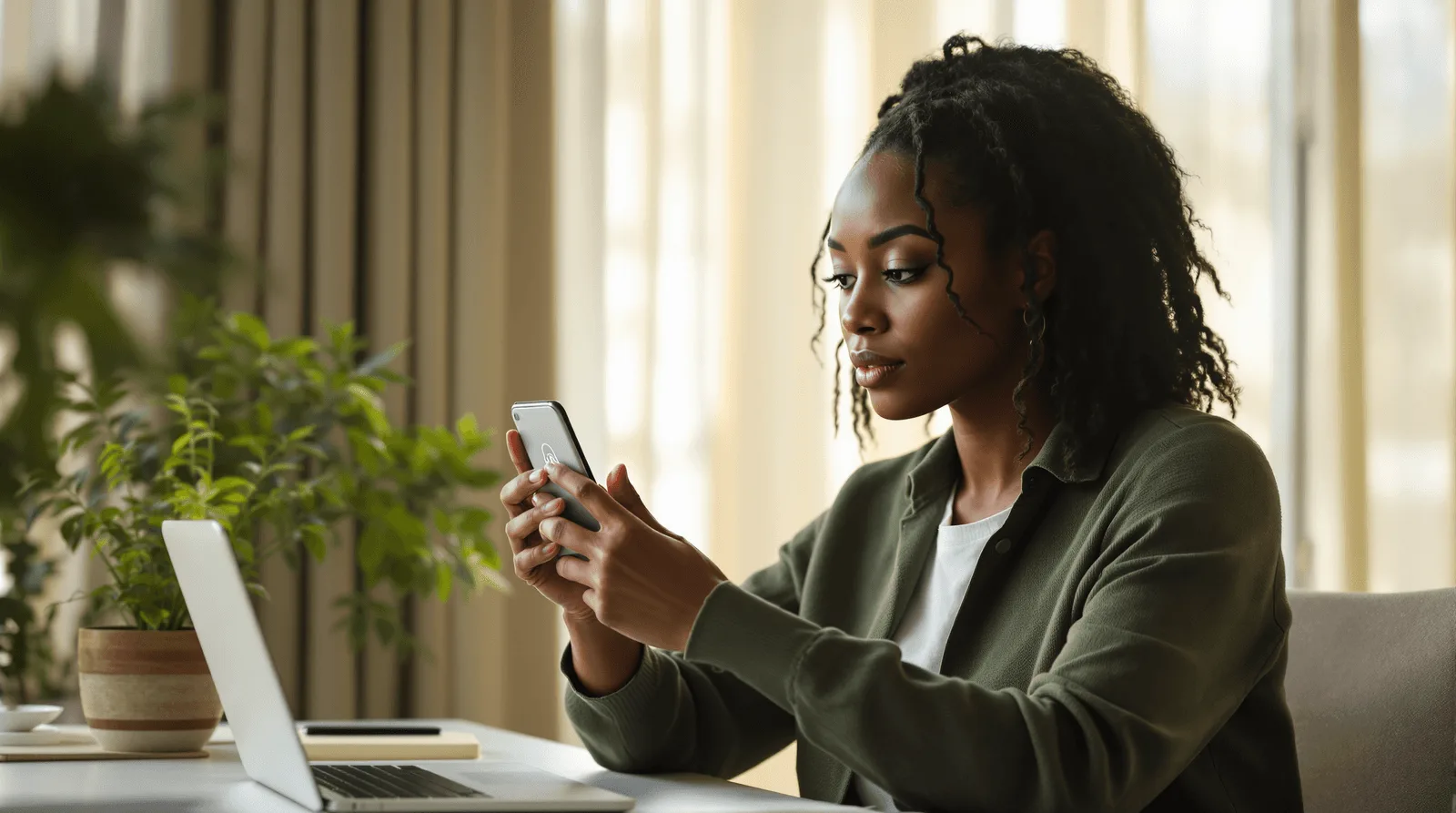 Woman at a desk looking at her phone beside a laptop and a plant
