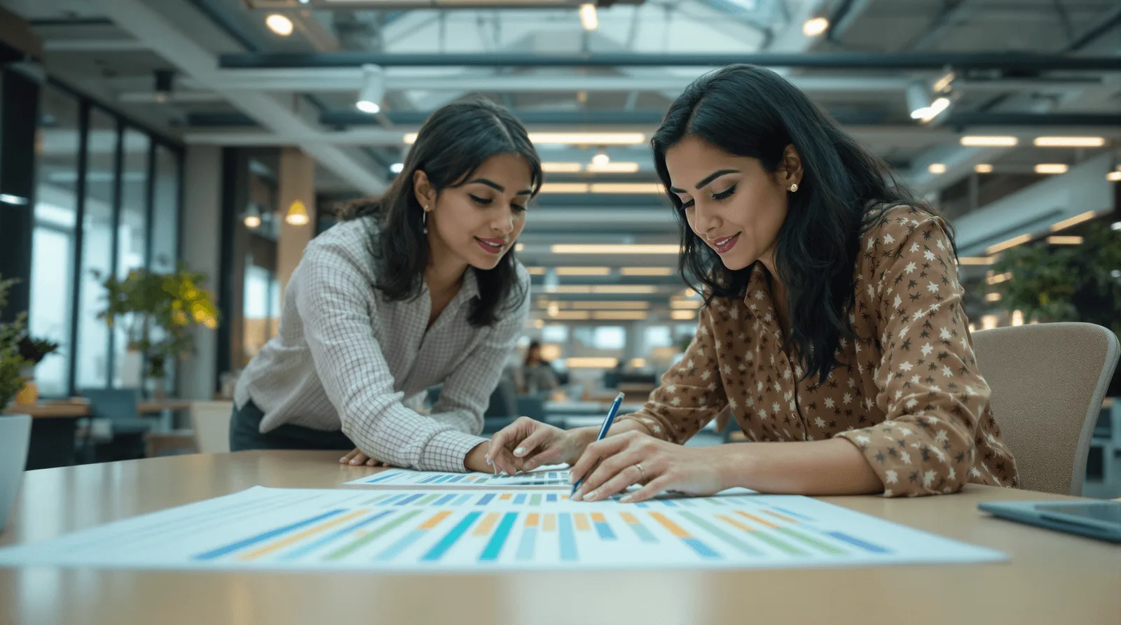Two colleagues reviewing a large printed colour coded roadmap on a table