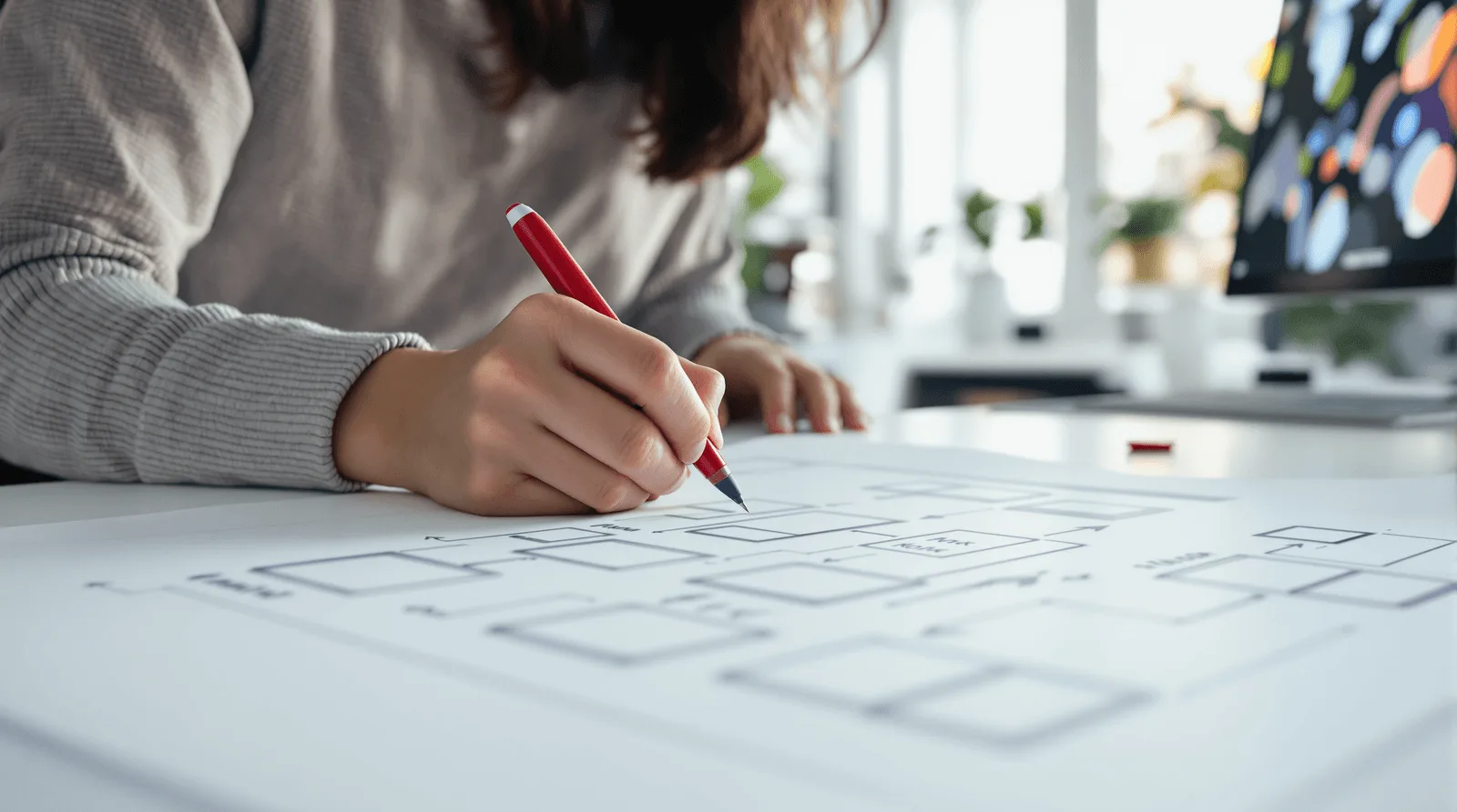 Engineer annotating mobile app architecture diagram with red fineliner