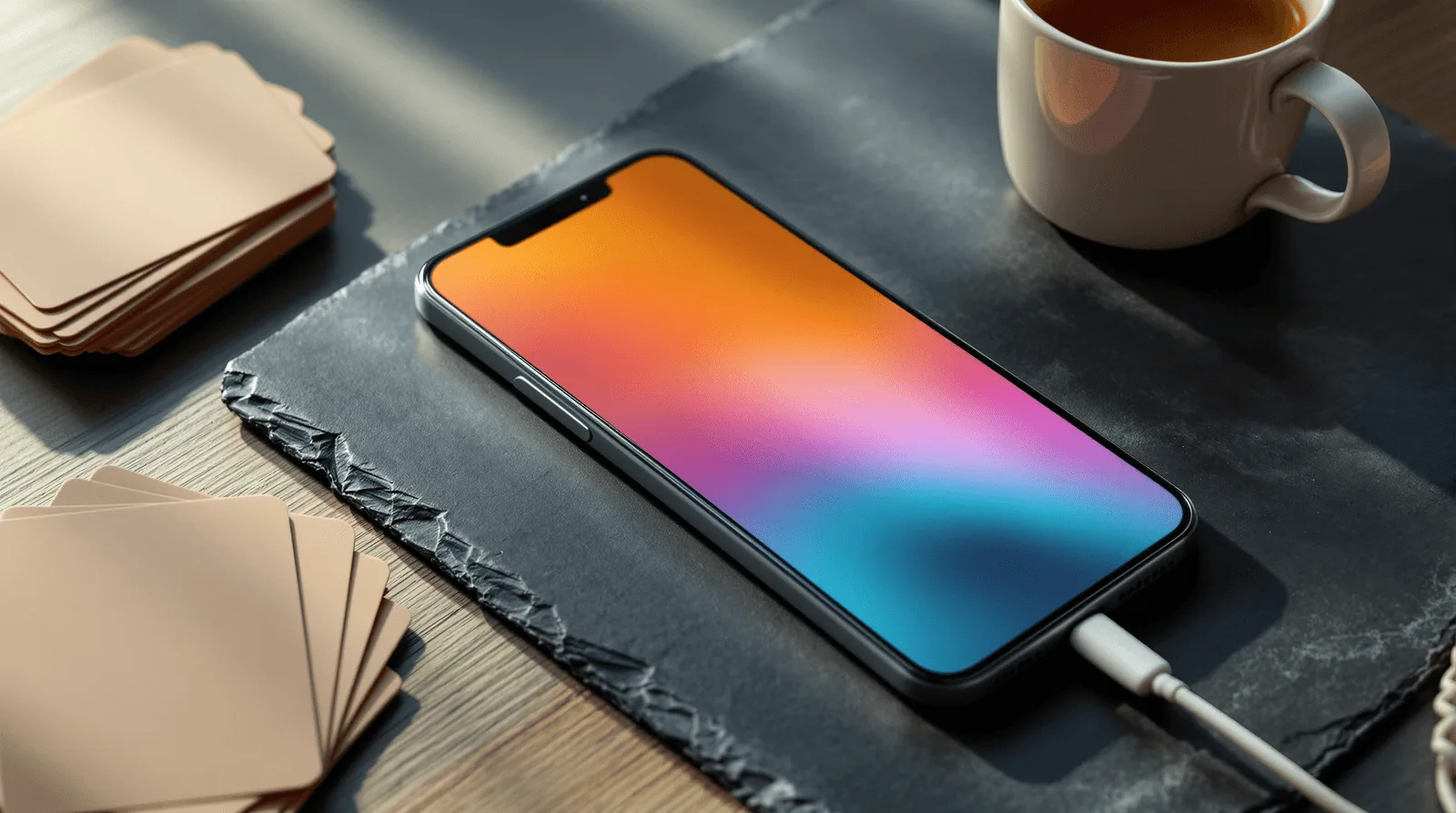 Smartphone with a colorful mobile app interface displayed on a desk beside a coffee cup and workspace accessories.