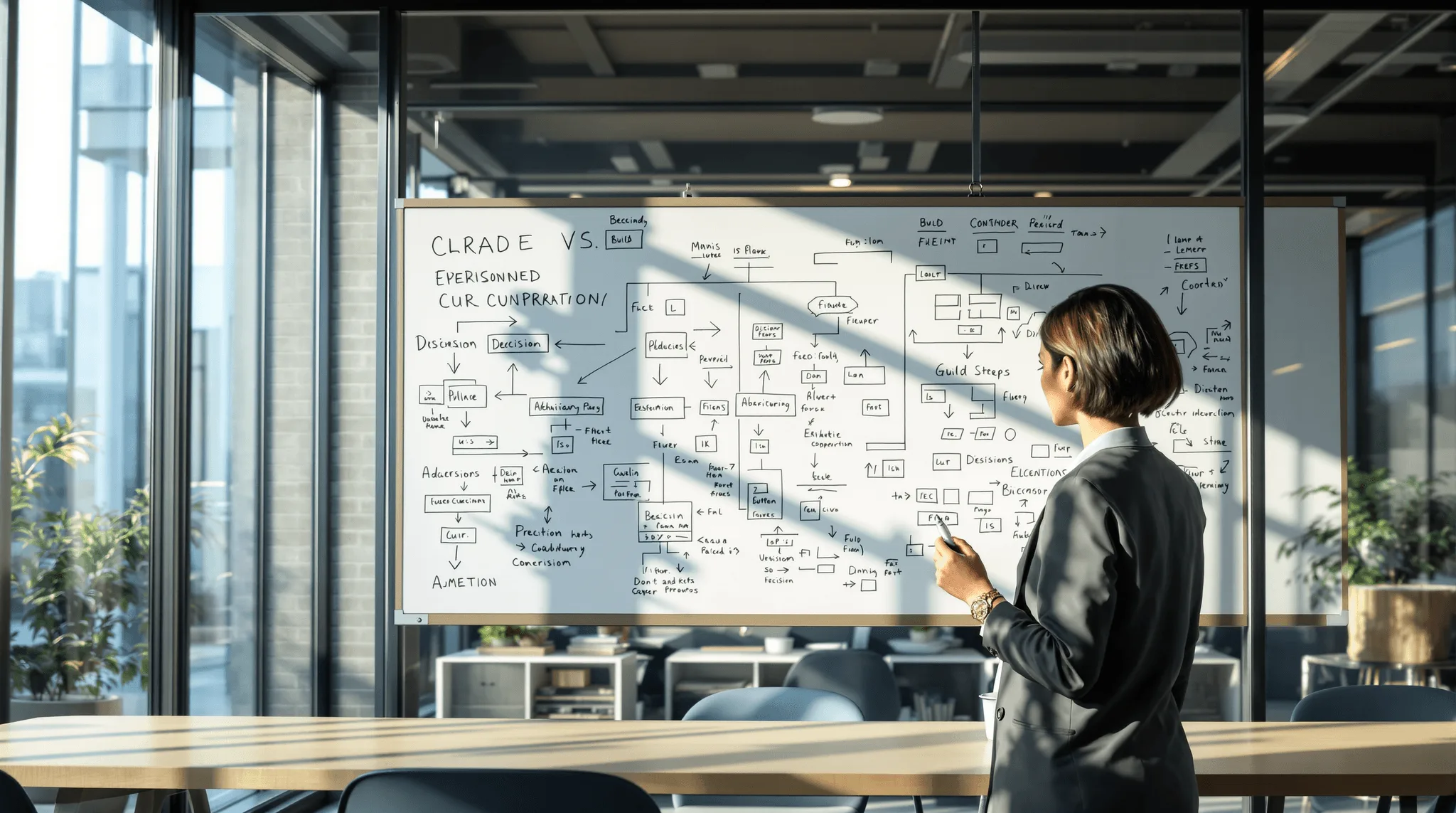 Startup founder sketching software architecture decisions on whiteboard