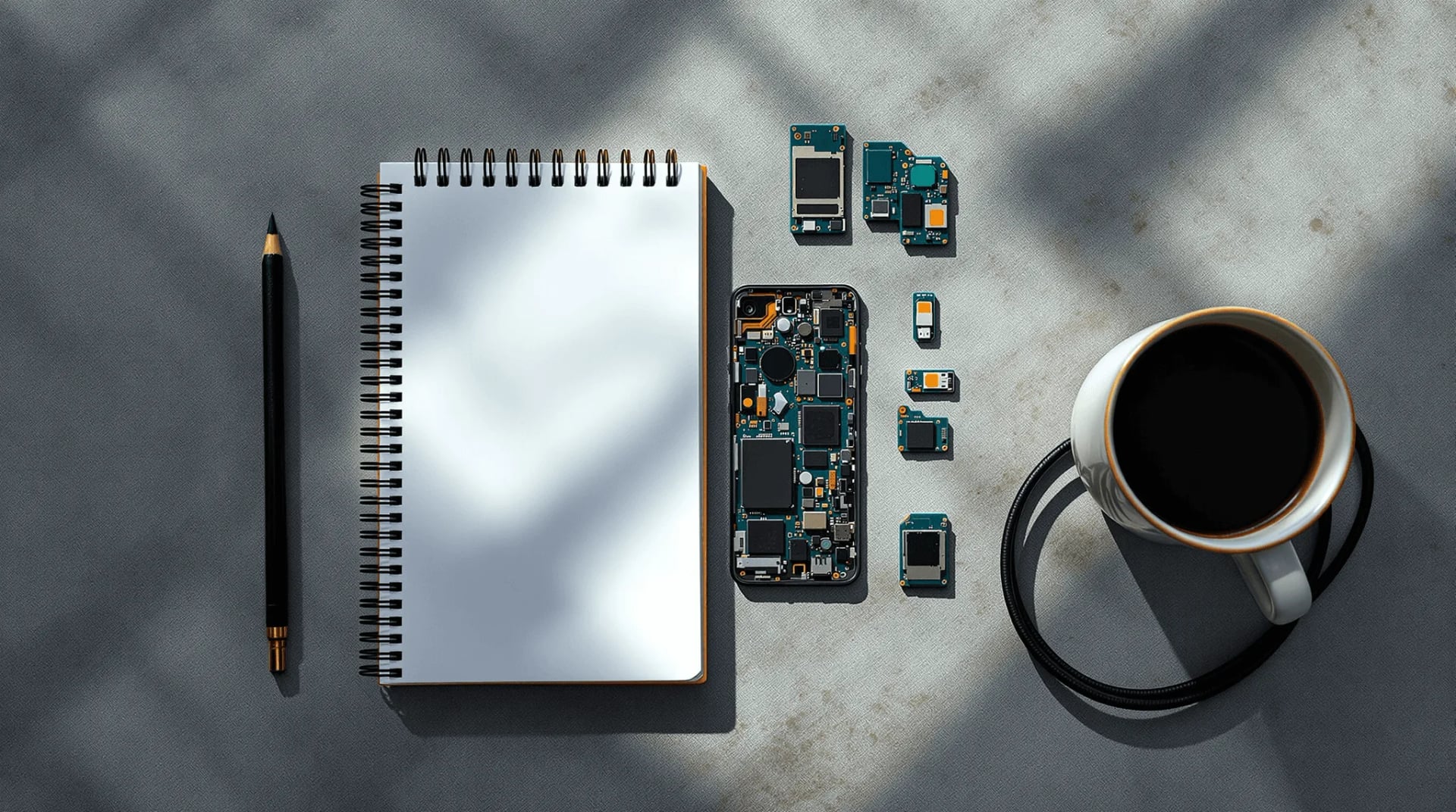 Smartphone internal components and circuit boards on a workspace, representing mobile device engineering, hardware development, embedded systems, and technical innovation.