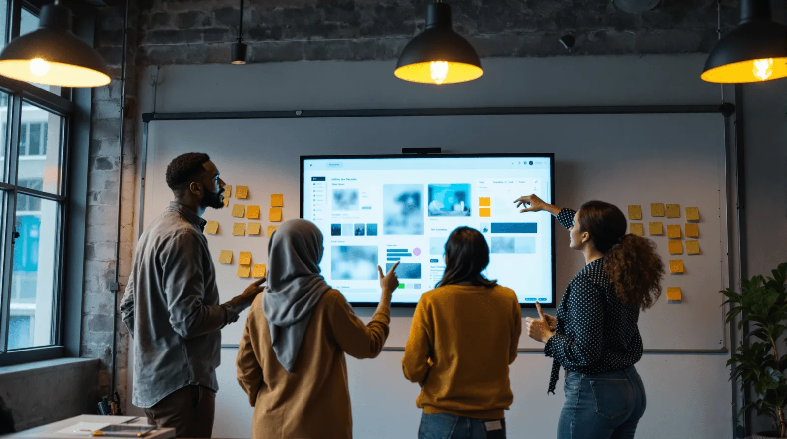 Diverse product team reviewing AI branding tool wireframes in industrial studio