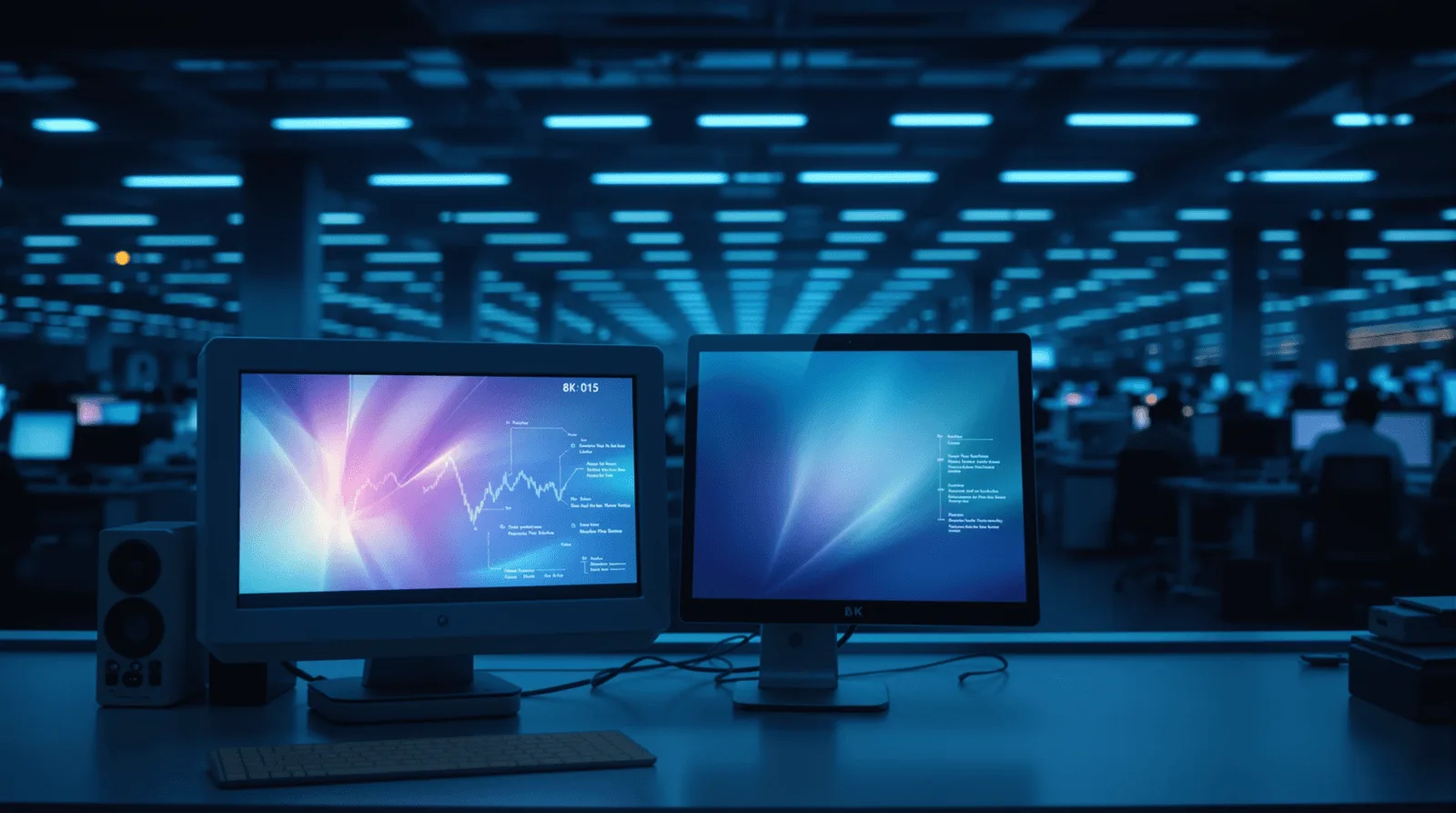 Legacy terminal beside modern monitor on enterprise financial operations floor