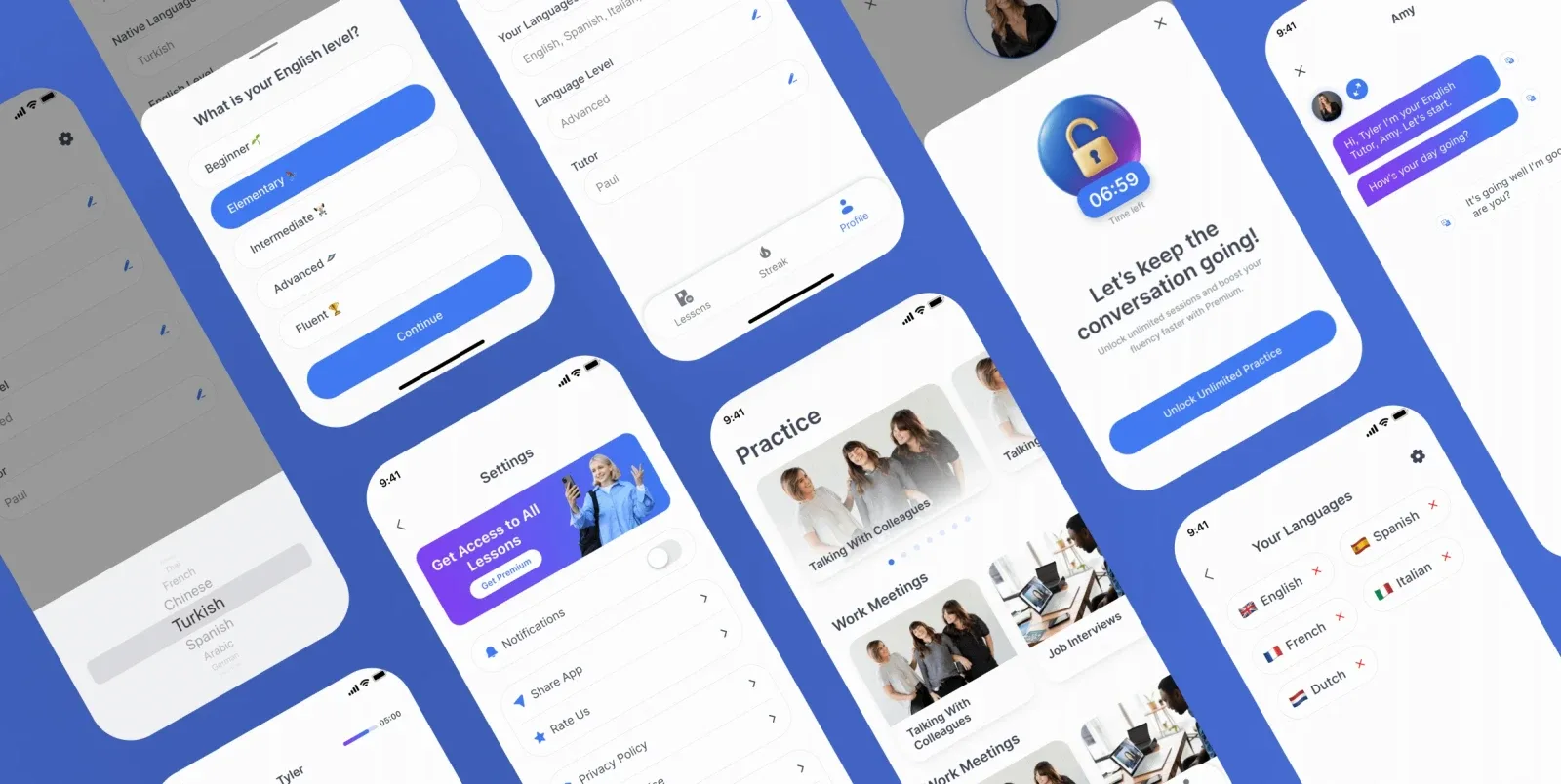 Lina multiple mobile screens overview showcasing the complete language learning app experience built by Neon Apps development team