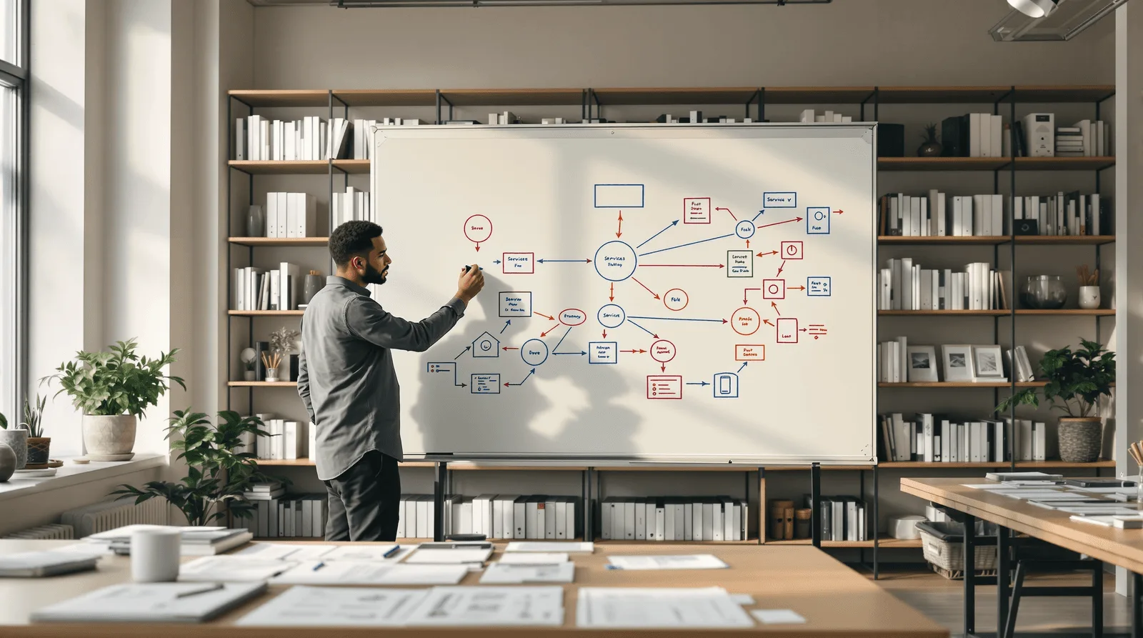 Strategist drawing service convergence diagram on glass whiteboard in studio