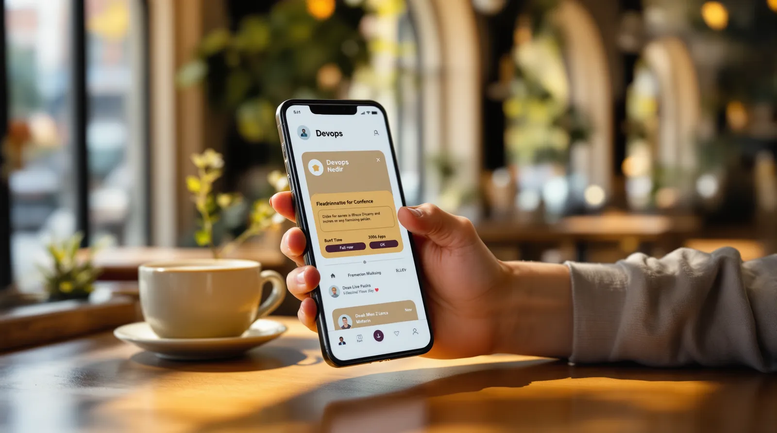 Kafe masasında, kahve fincanının yanında uygulama ekranı açık bir telefonu tutan el