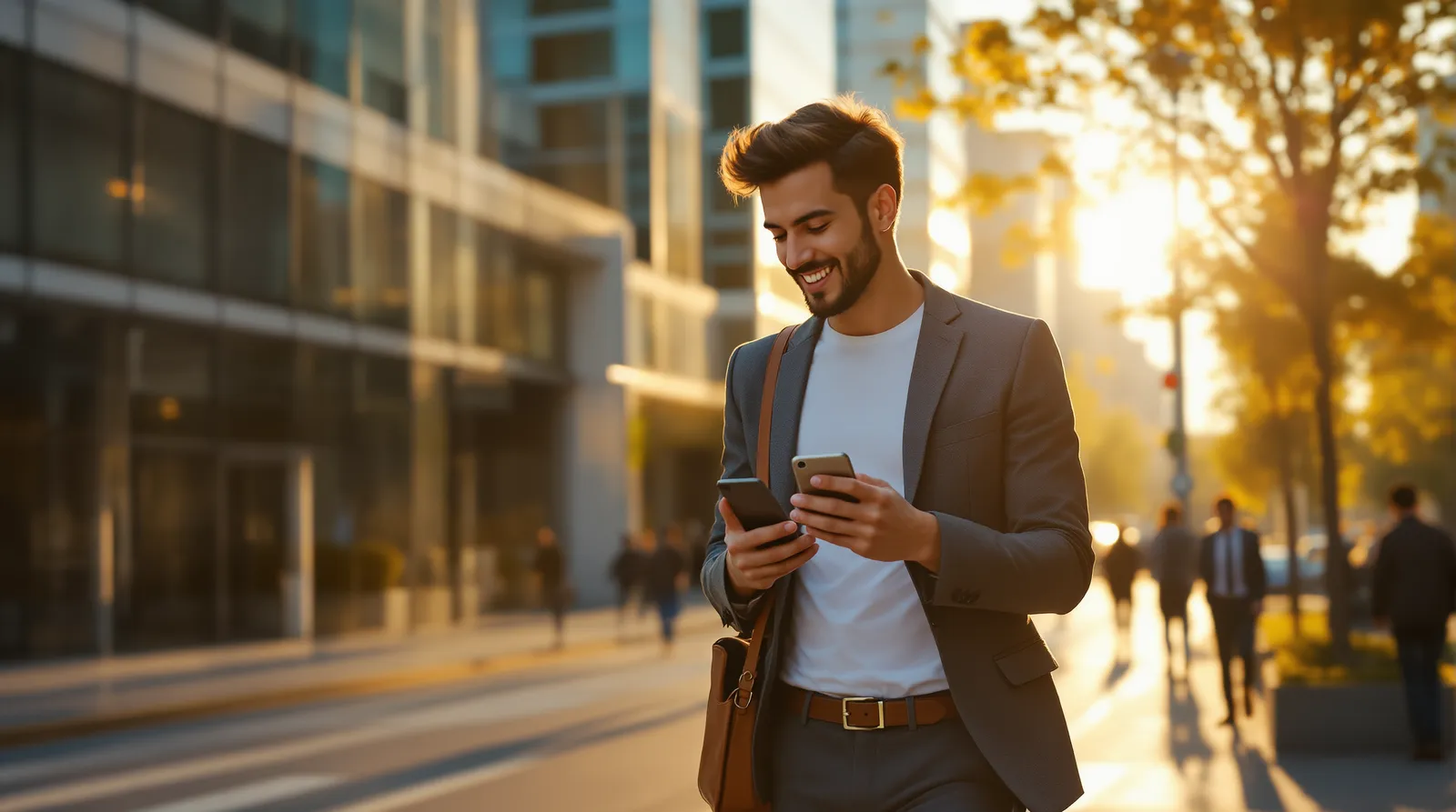 Altın saatte şehir caddesinde yürürken telefonuna bakan, ceket giymiş bir adam