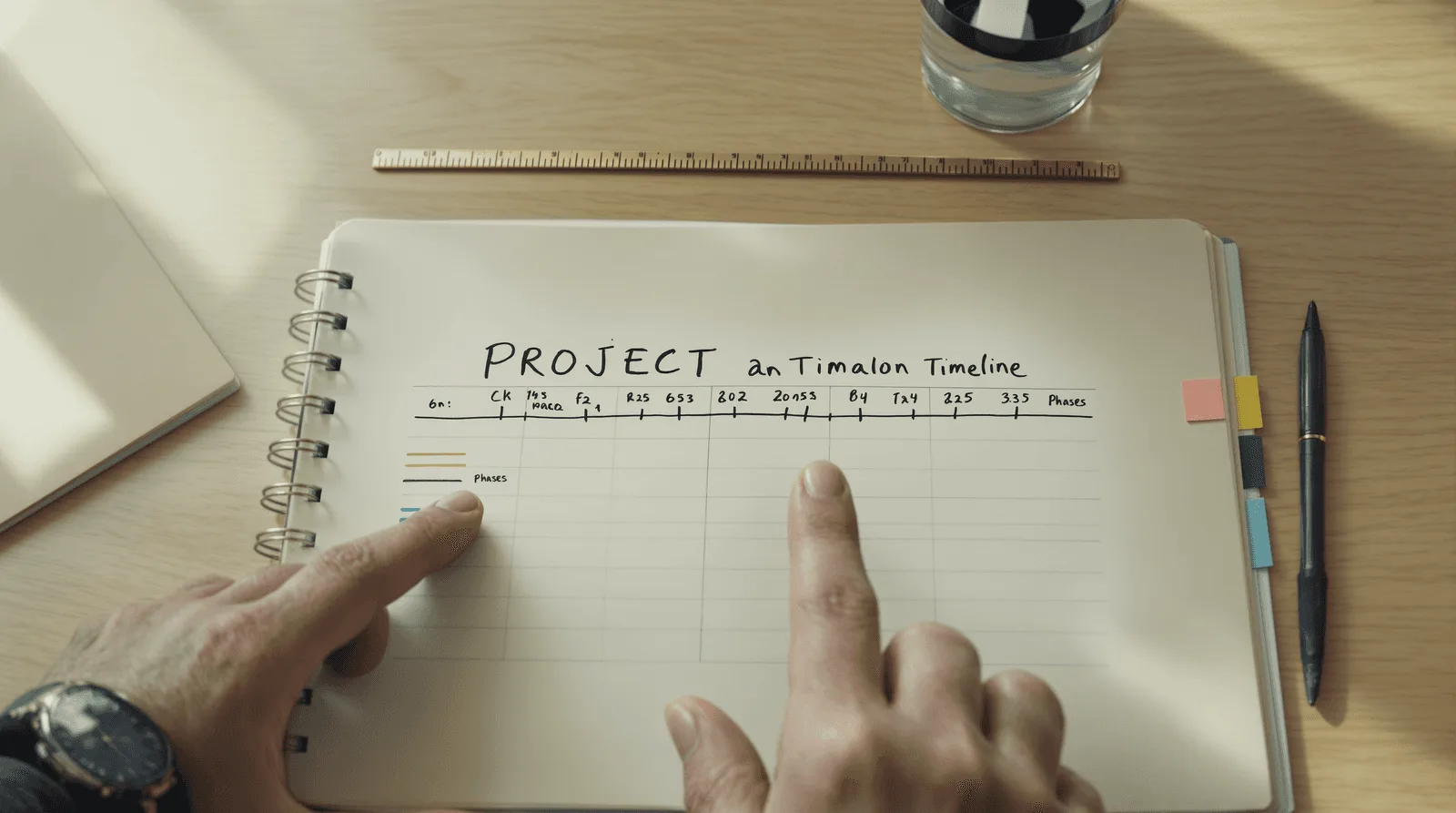 Hand pointing to milestone on handwritten app development timeline grid