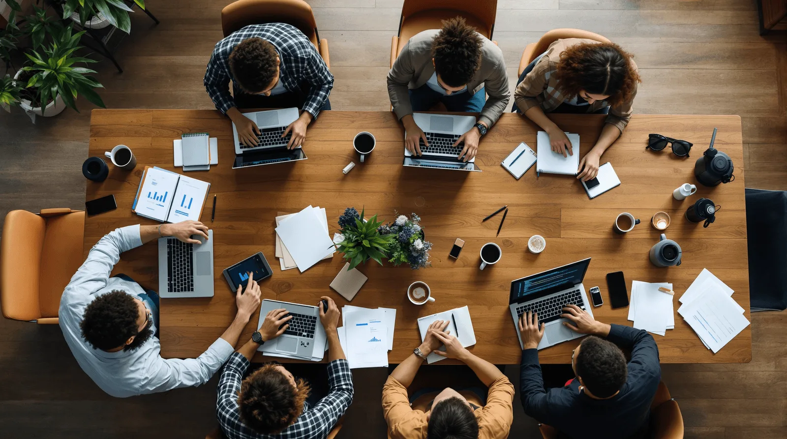 Top-down angle view of a diverse tech team sitting around a wooden conference table in a cozy tech startup office, laptops open with lines of code and charts visible, coffee cups, notebooks, collaborative mood, soft ambient lighting, ultra-detailed, realistic photography --ar 16:9