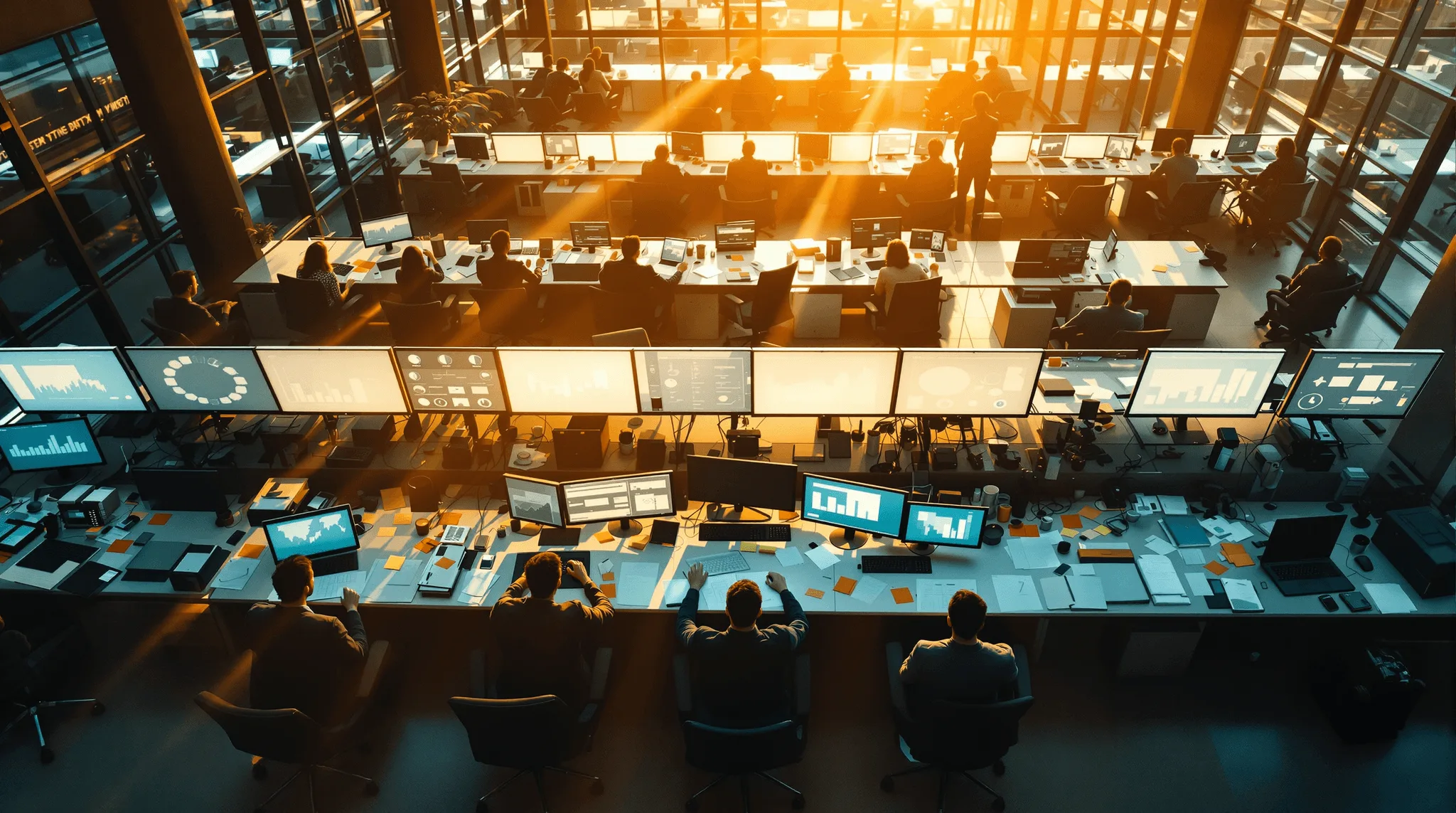 Large open plan office at golden hour with rows of desks and dashboards on every screen