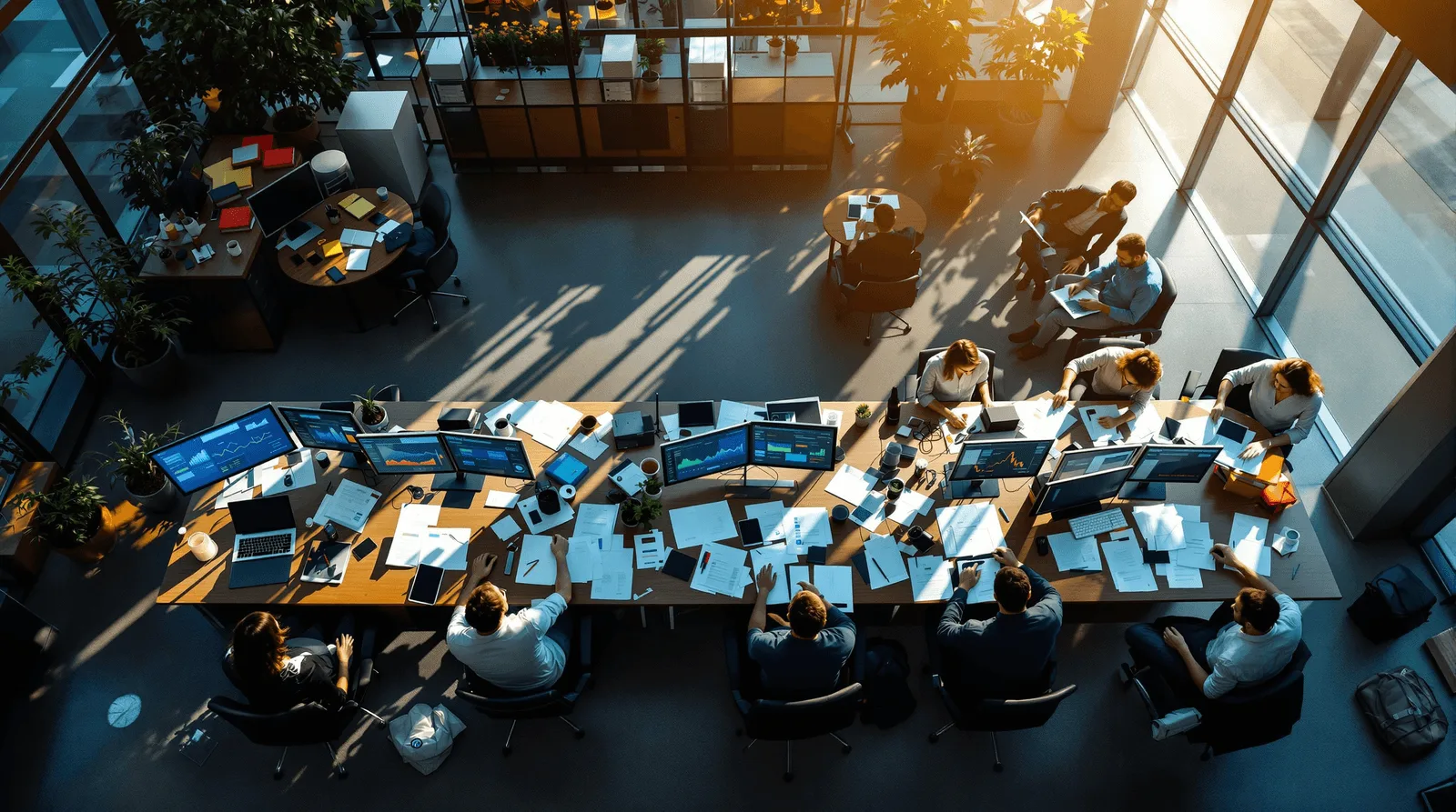 Overhead view of a team working along a shared desk among monitors and documents