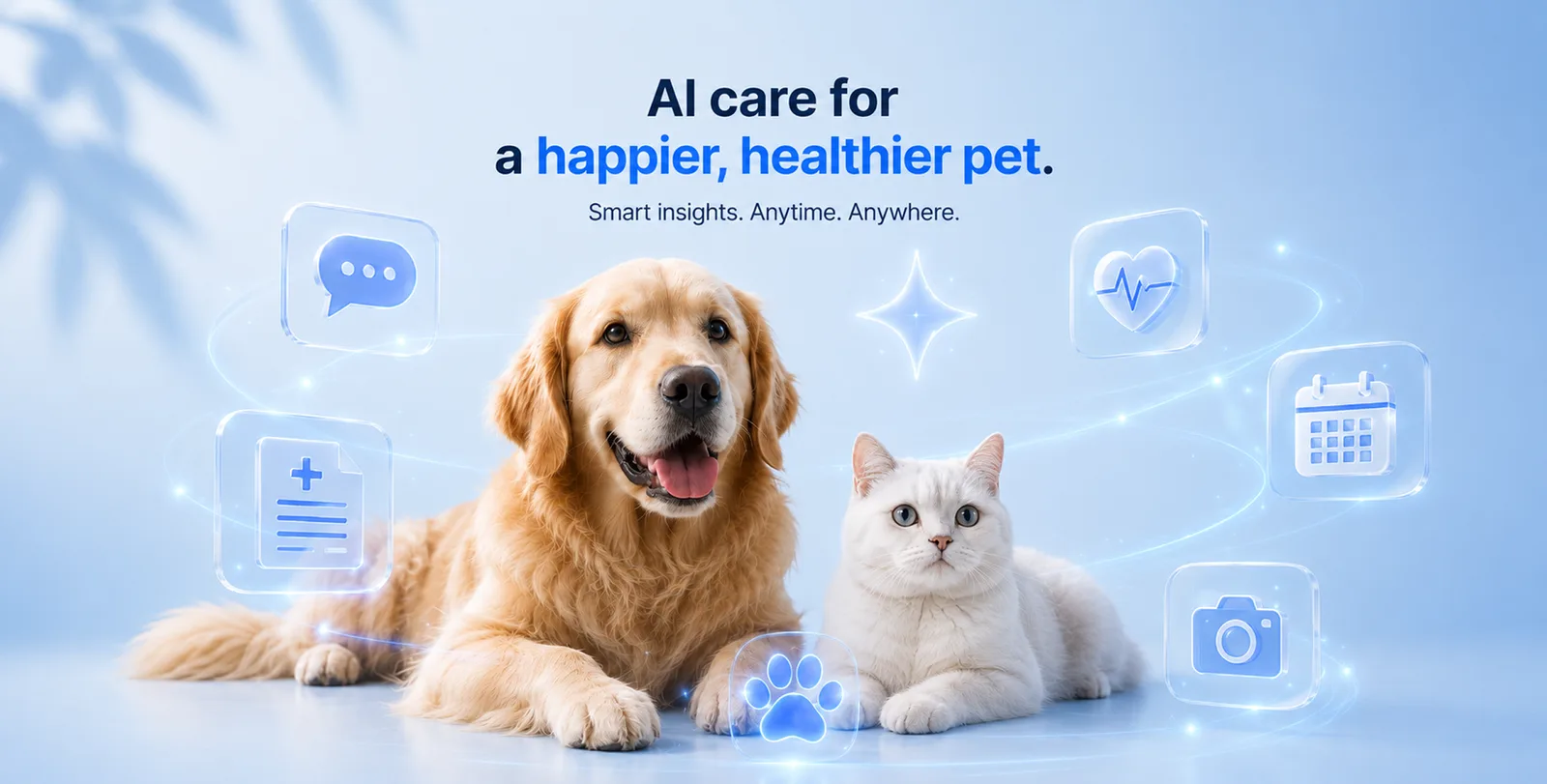 Dr. Pet key art: a dog and a cat surrounded by chat, health record, reminder and camera icons