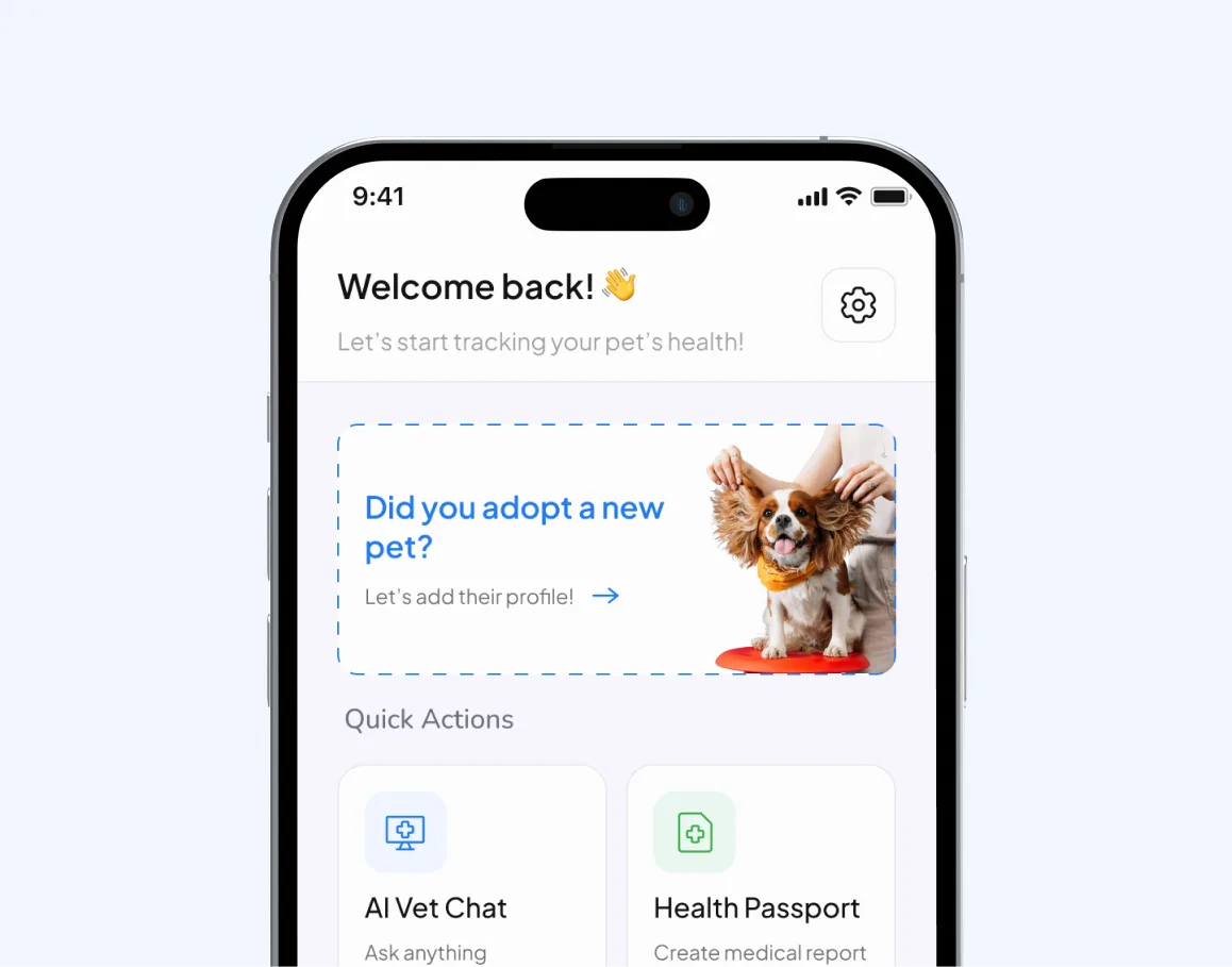 Dr. Pet's home screen inviting the owner to add a newly adopted pet's profile