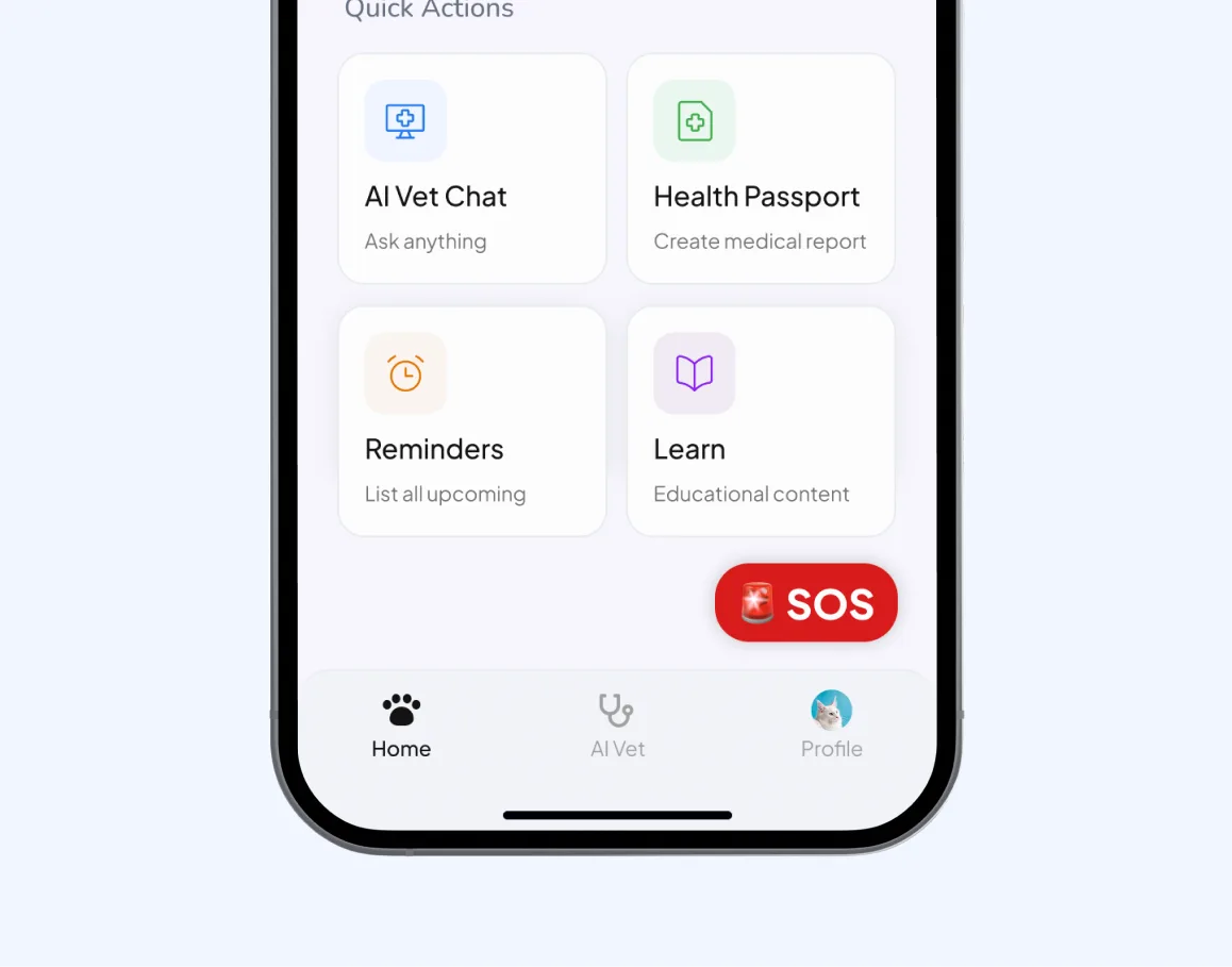 Dr. Pet's quick actions for AI Vet Chat, Health Passport, reminders and learning, with the SOS button above the tab bar