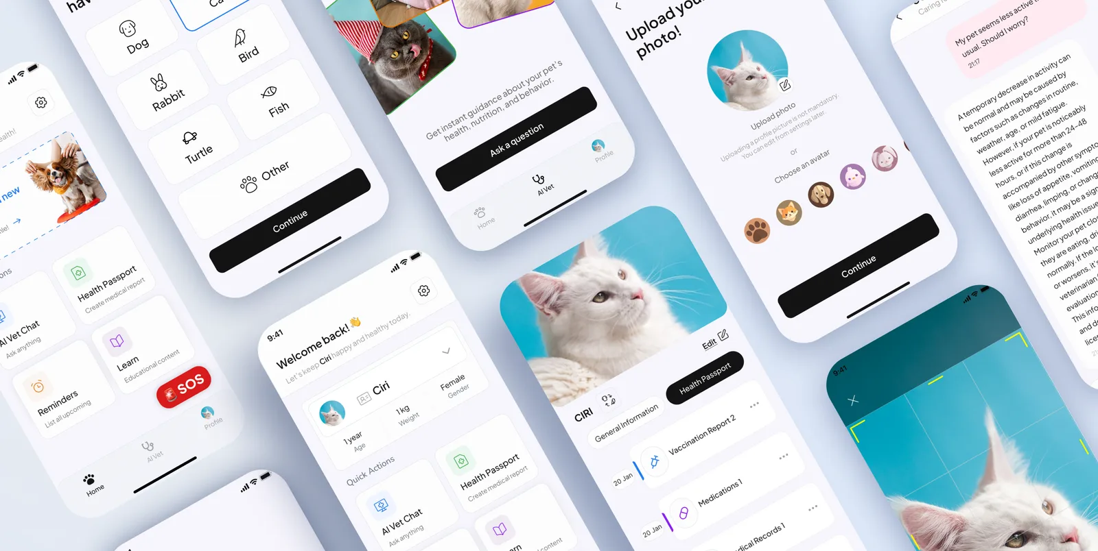 Dr. Pet screens for choosing a pet type, the AI Vet Chat, avatar setup and the digital health passport