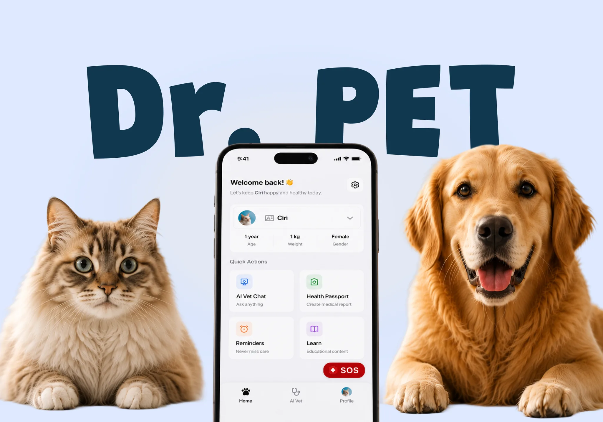 Dr. Pet's home screen on a phone between a cat and a dog