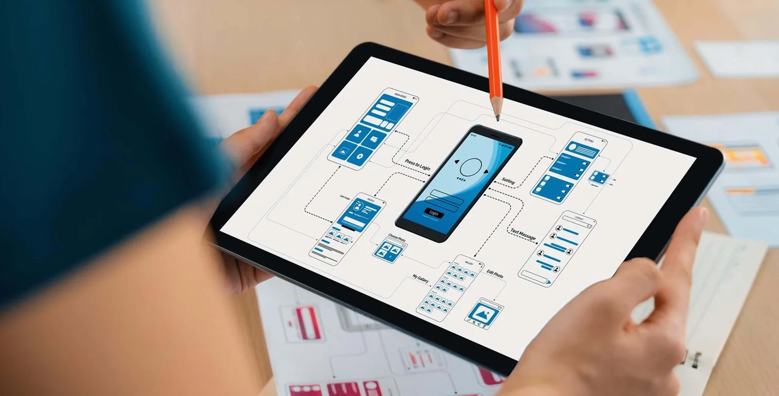 AI-powered conversational mobile app interface with blue design theme demonstrating intelligent feature development by a mobile app development company