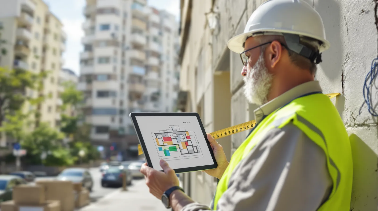 Engineer in a hard hat holding a tablet and a tape measure against a cracked facade
