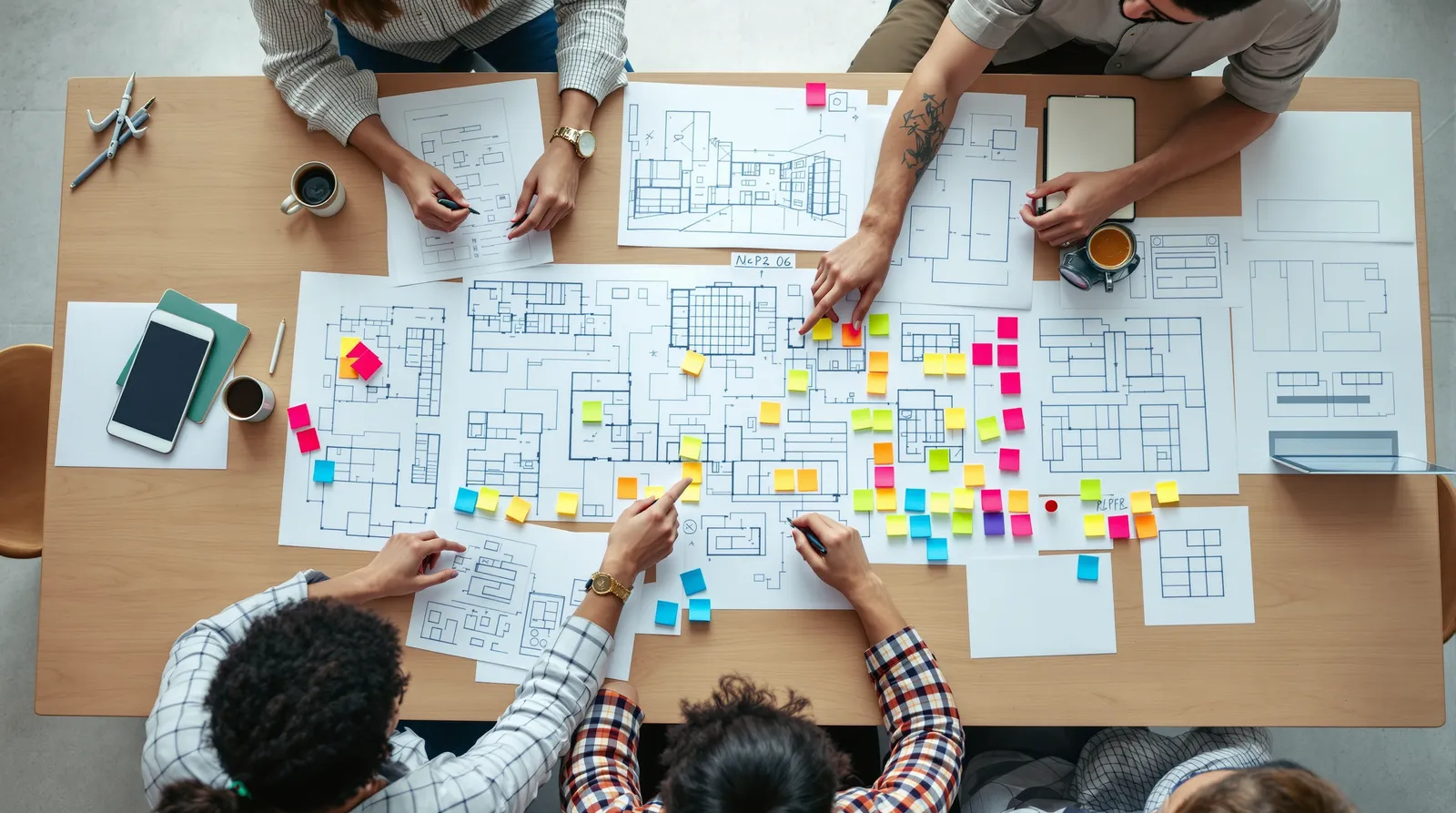 Overhead view of four people around a table covered in building plans and sticky notes