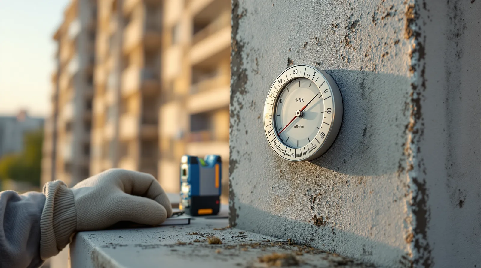Dial gauge mounted on a weathered concrete wall, a gloved hand resting on the ledge below