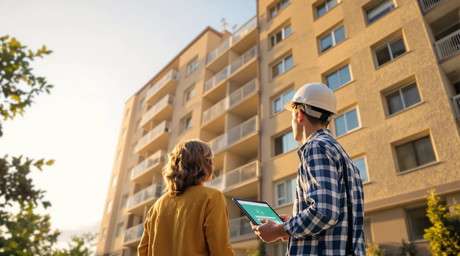 Resident and an engineer in a hard hat holding a tablet, looking up at an apartment block