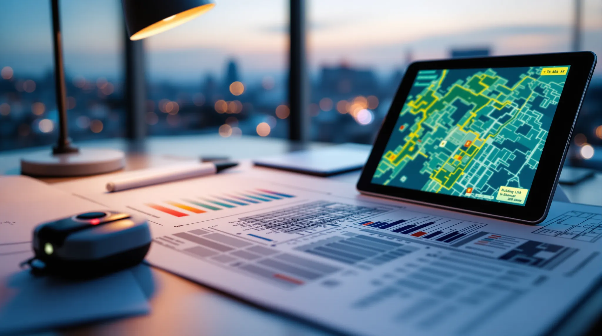 Tablet showing a colour-coded city map beside printed charts on a desk at dusk