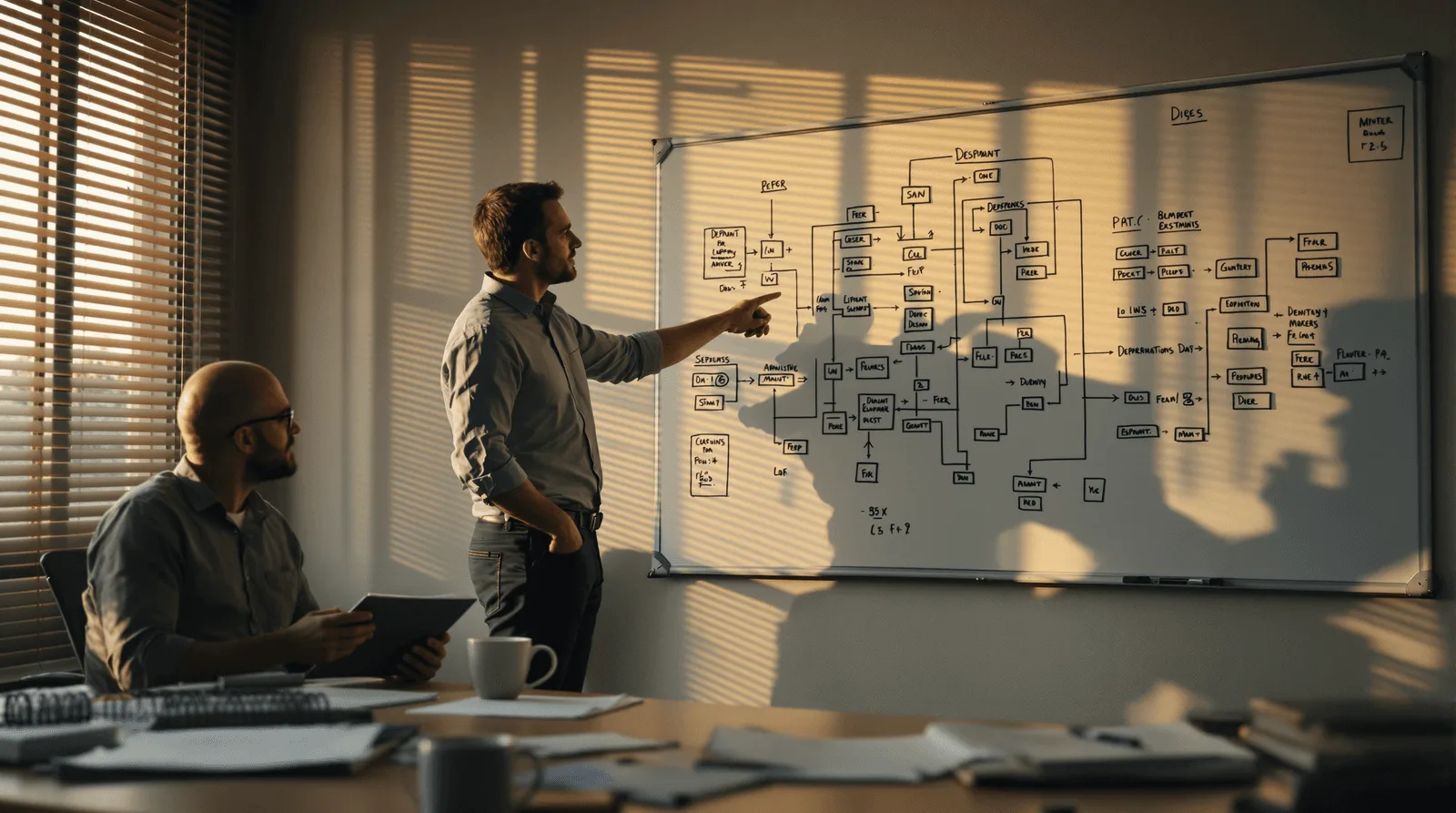 Engineers reviewing software architecture dependency map during audit session